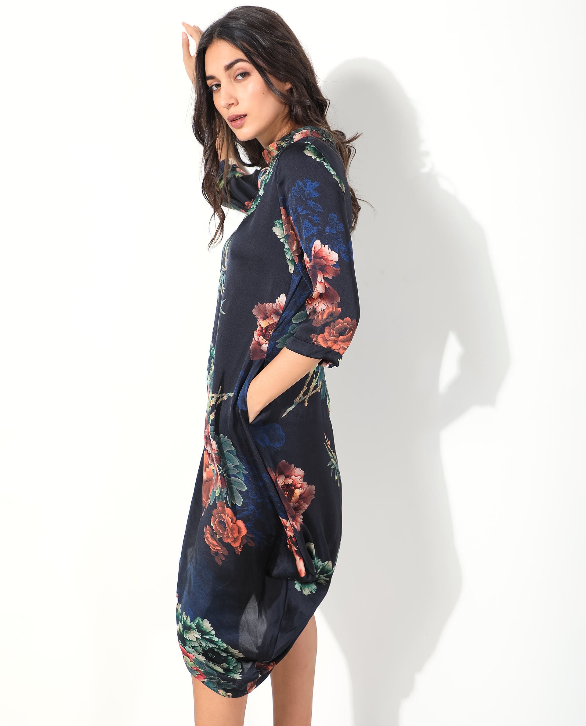 Rareism Women Astilbe Black Floral Print High Neck 3/4 Sleeves Asymmetric Knee Length Dress