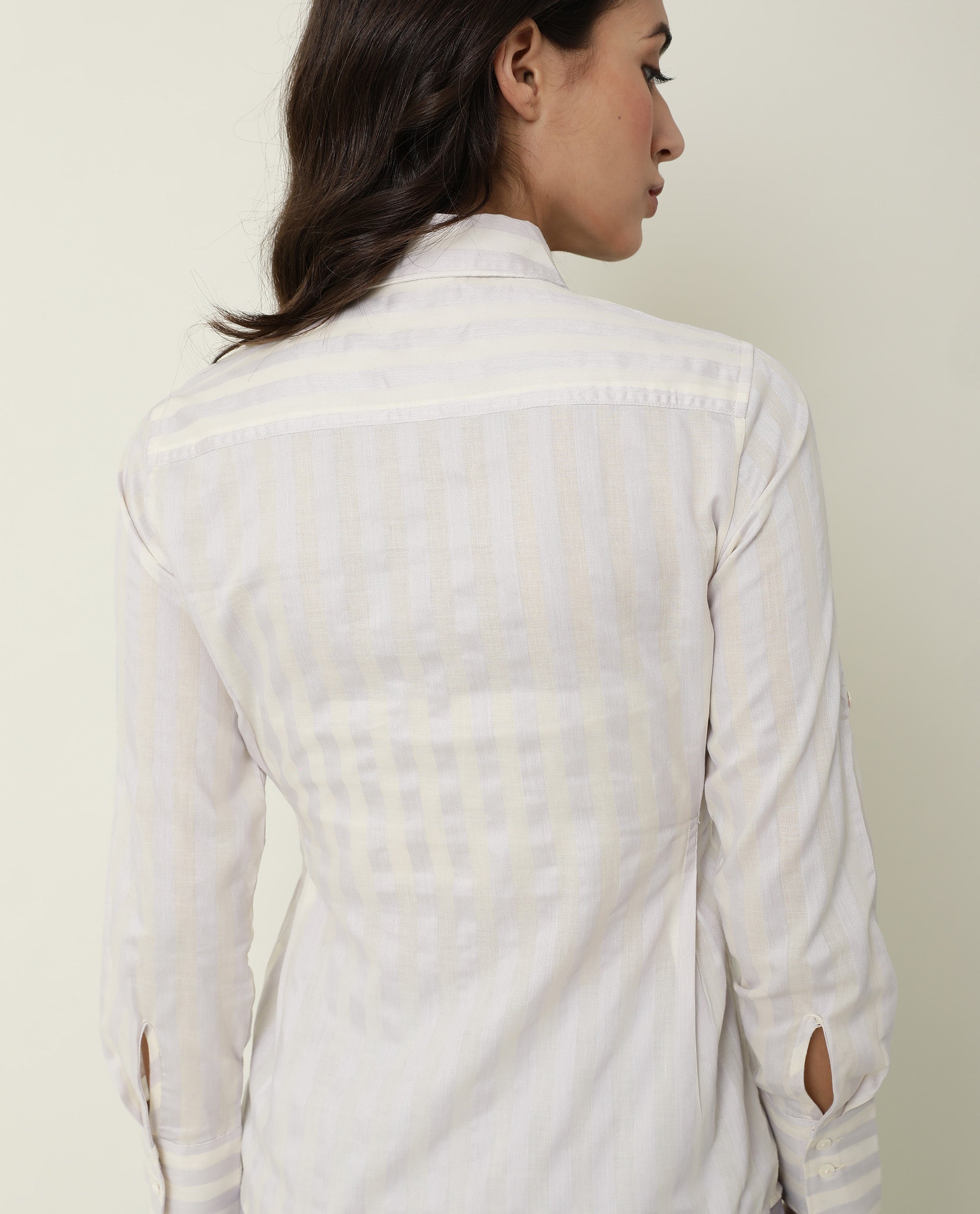 Rareism Women's Pickle Yellow Cotton Spread Collar Striped Regular Fit Top