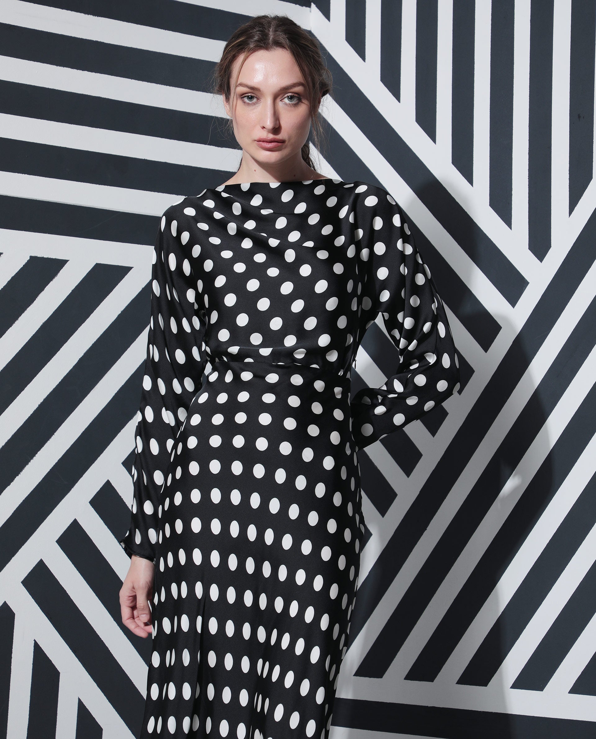 Rareism Women Alsus Black Polka Print Boat Neck Full Sleeves Maxi Dress