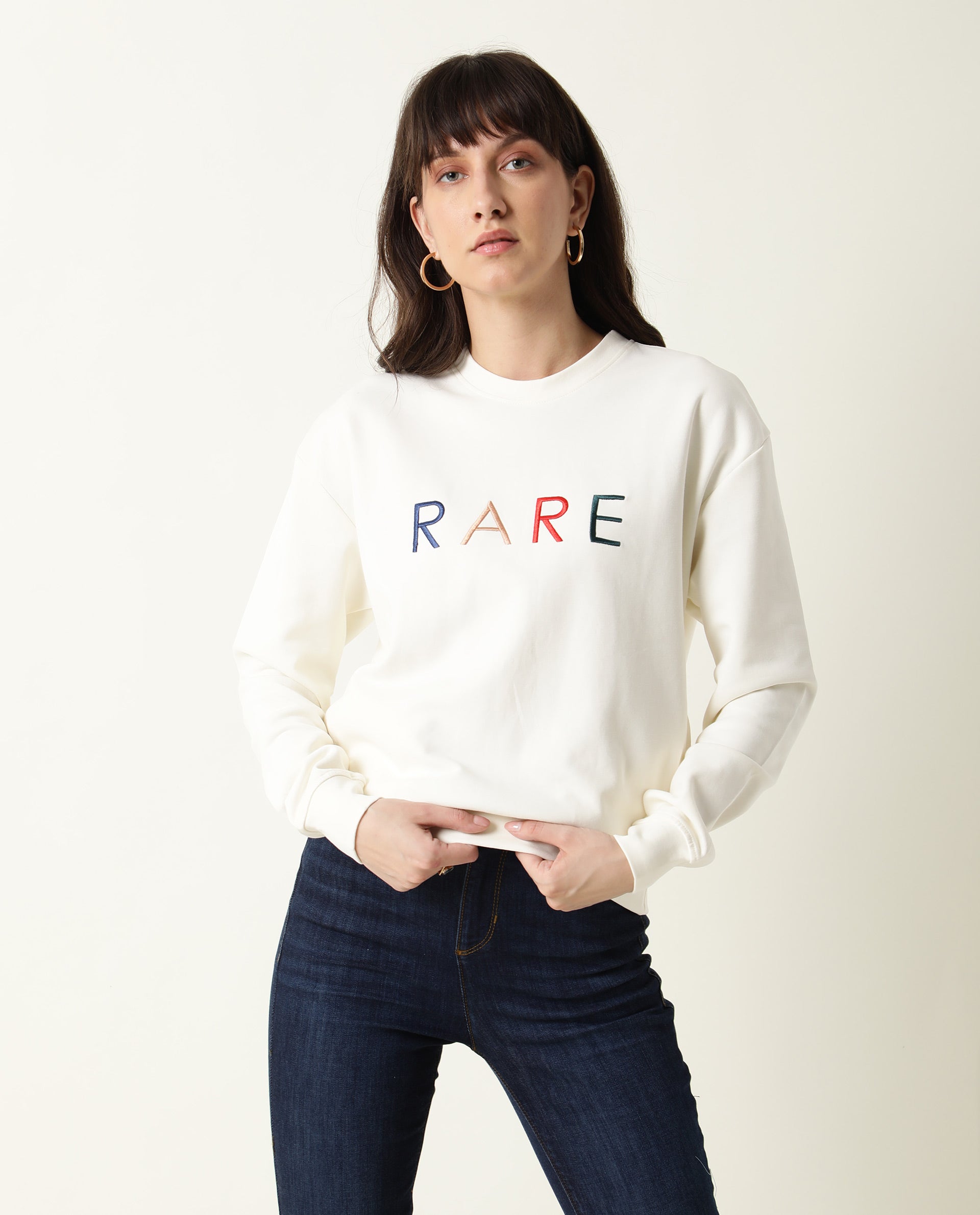 Rareism Women Host Off White Cotton Linen Fabric Relaxed Fit Full Sleeves Solid Crew Neck Sweatshirt