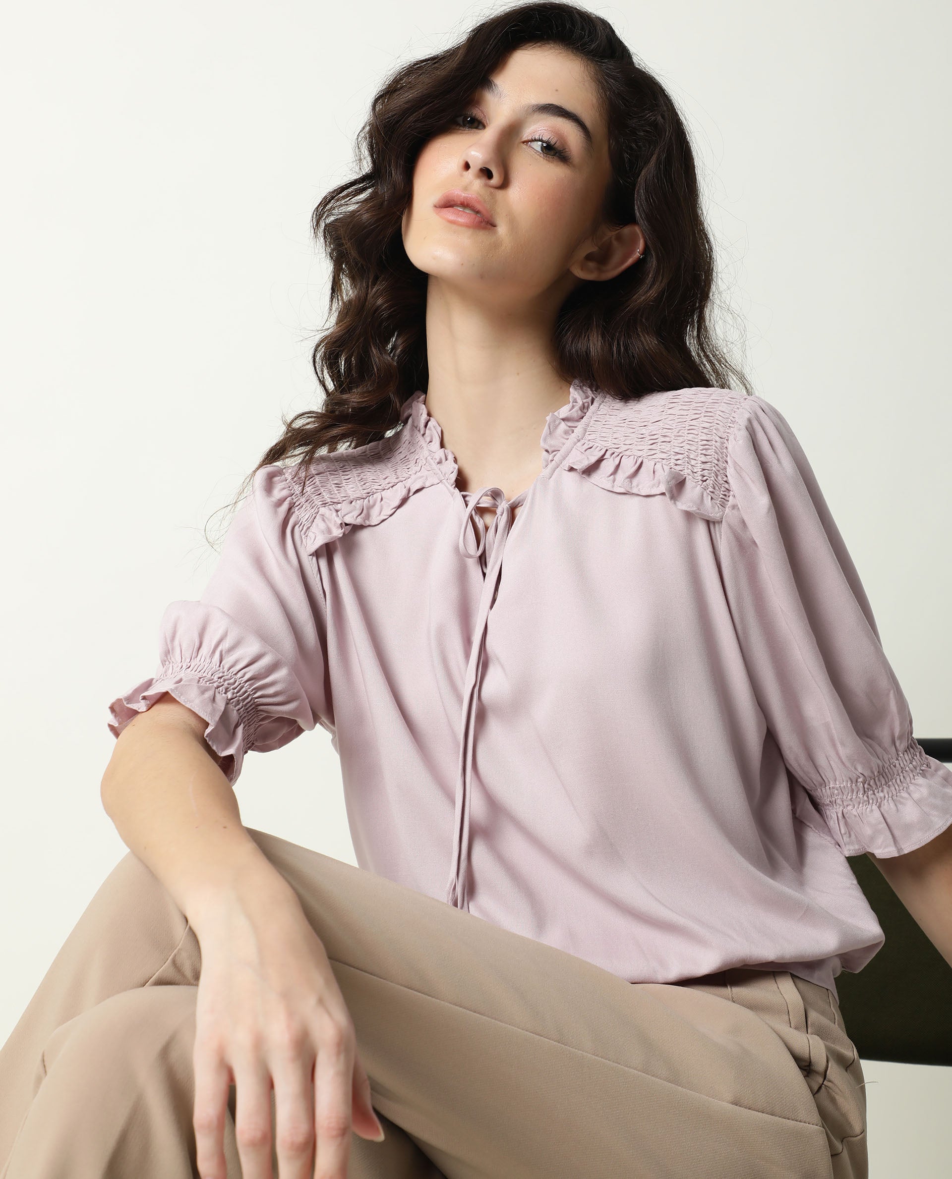 Rareism Womens Jazz Purple Top Viscose Fabric Regular Fit Puff Sleeves Tie Up Neck
