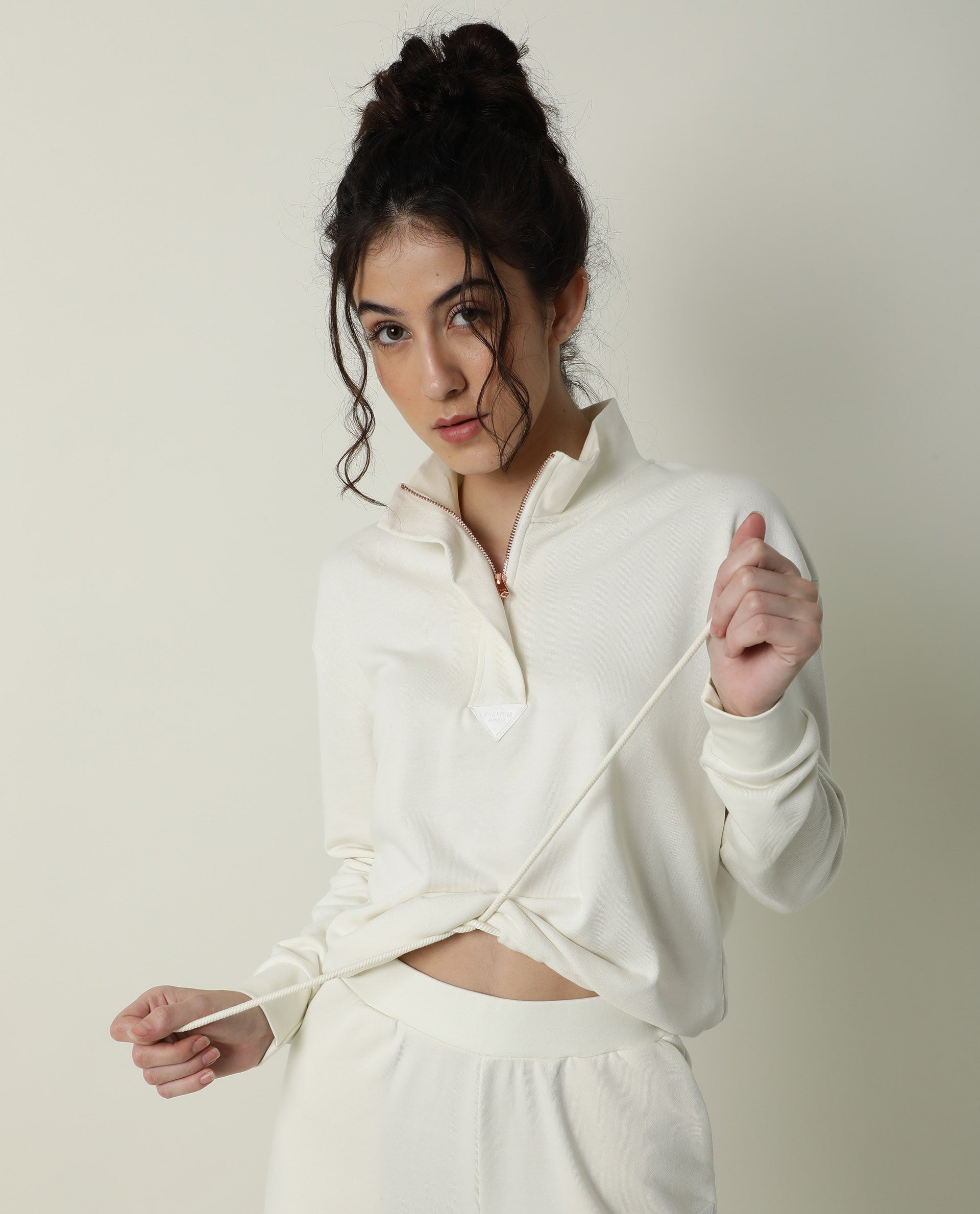 Rareism Women Taffy-1 Off White Relaxed Fit Full Sleeves Solid High Neck Sweatshirt