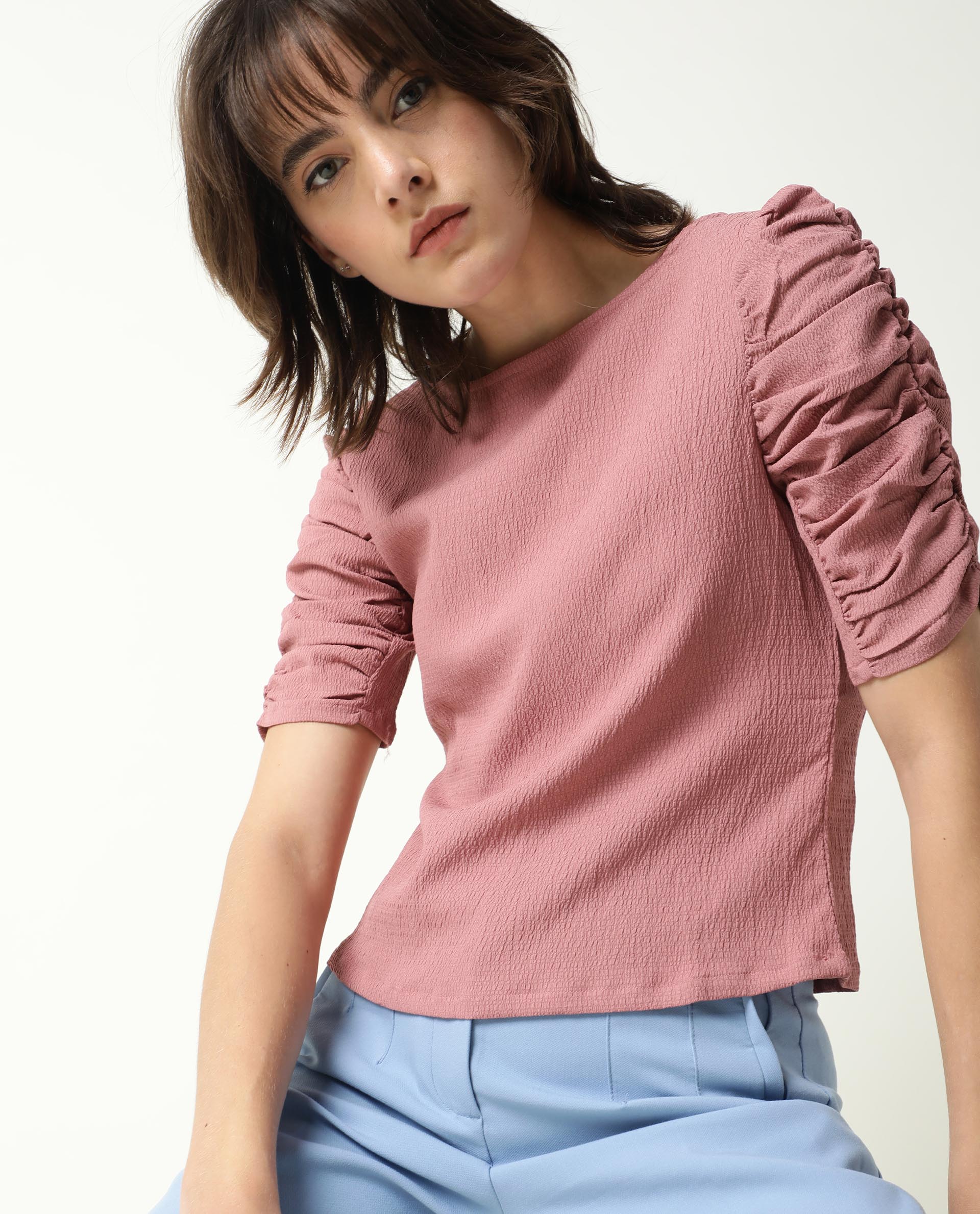 Rareism Women's Frozen Brown Cotton Boat Neck Plain Ruffled Sleeve Regular Fit Top