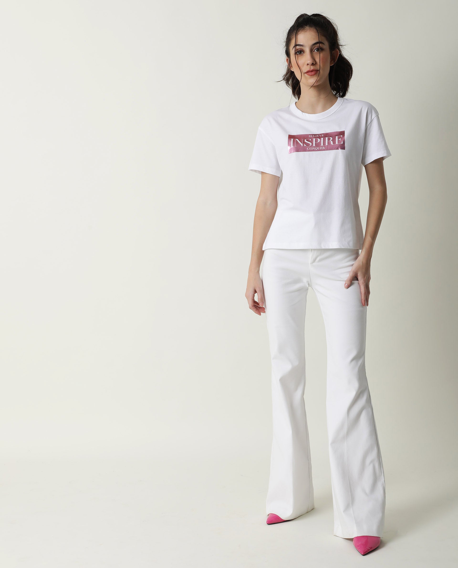 Rareism Women Inago White Cotton Fabric Regular Fit Half Sleeves Graphic Print Crew Neck T-Shirt