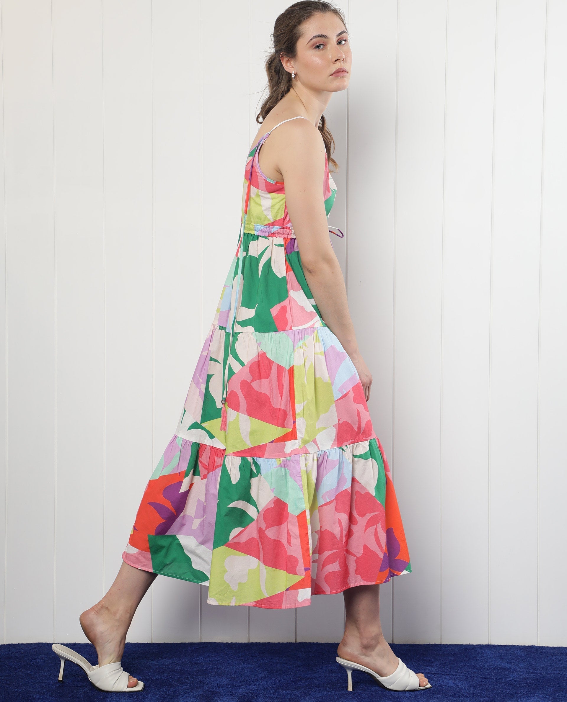 Rareism Women's Grace Multi Cotton V-Neck Floral Print Shoulder Strap Knee Length Regular Fit Dress