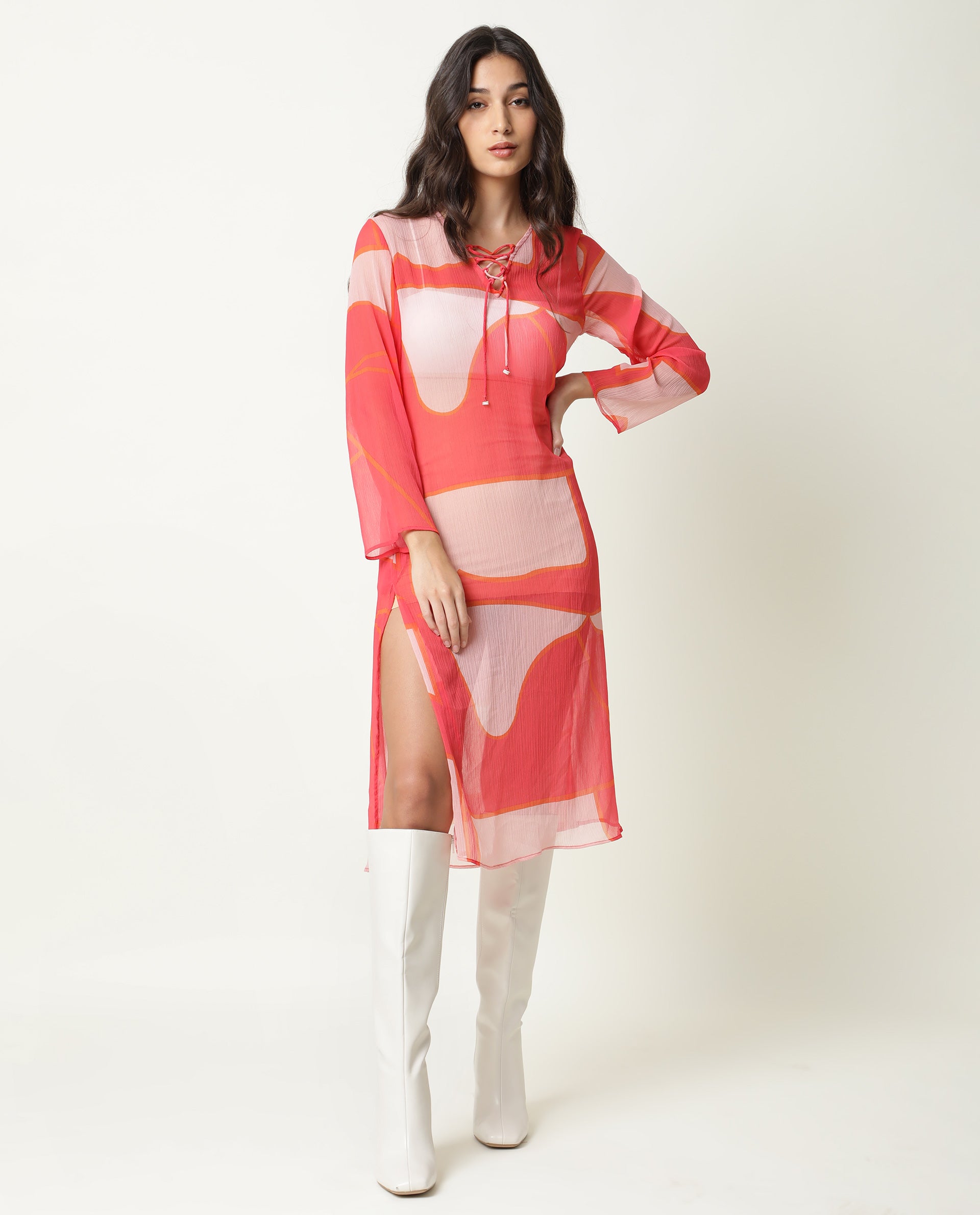 Rareism Women's Benett Pink V-Neck Abstract Print Knee Length Regular Fit Dress