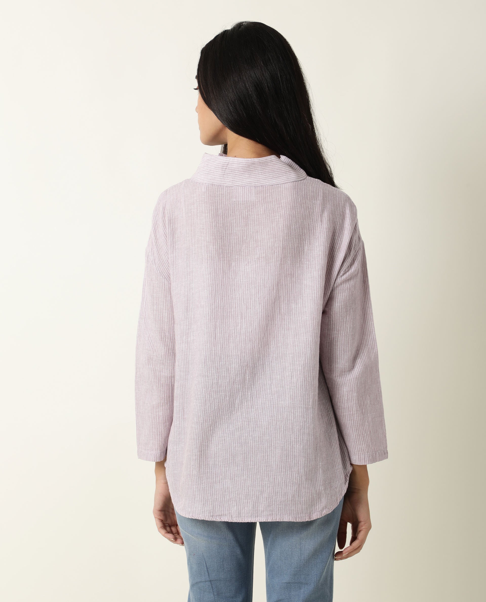 Rareism Women Mute Pastel Purple Cotton Linen Fabric Regular Fit High Neck Full Sleeves Solid Top