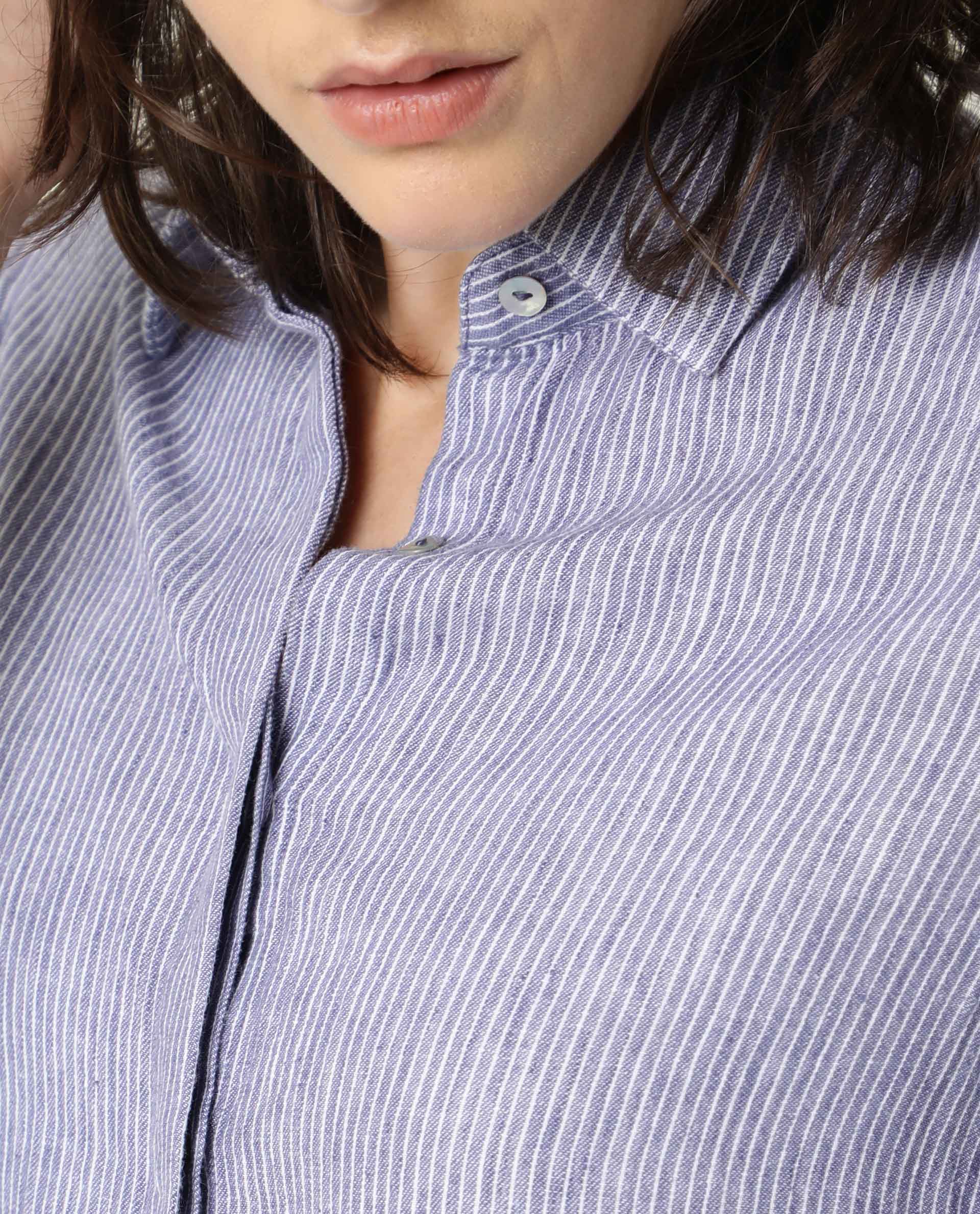 Rareism Womens Stellio Blue Top Cotton Linen Fabric 3/4 Sleeve Collared Neck