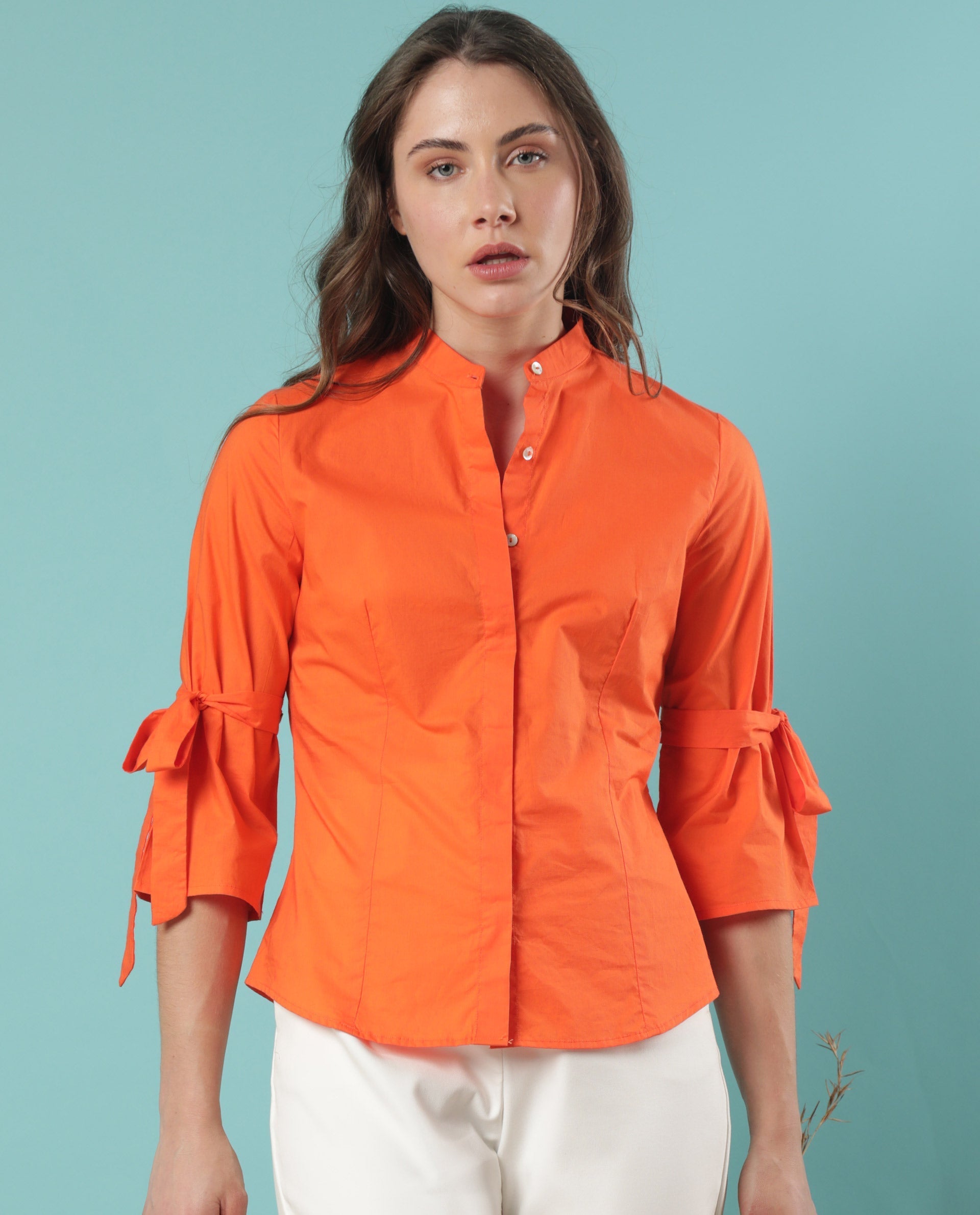 Rareism Women's Tips Orange Cotton Mandarin Collar Plain Regular Fit Top