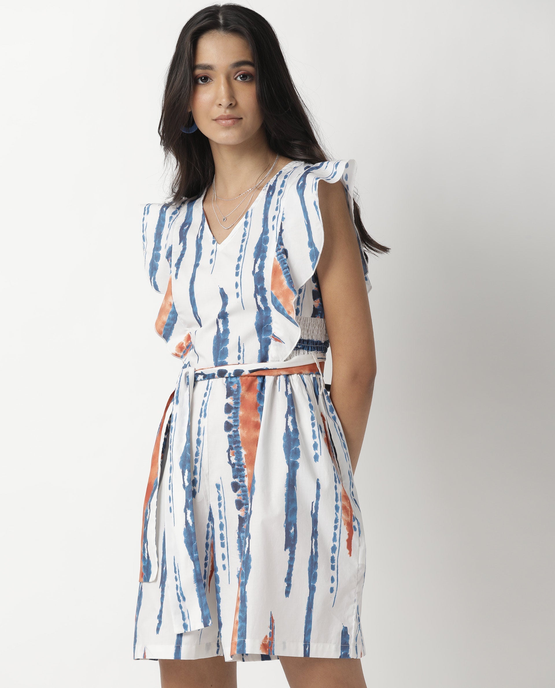 Rareism Women's Camera Offwhite Cotton V-Neck Abstract Print Sleeveless Regular Fit Playsuit
