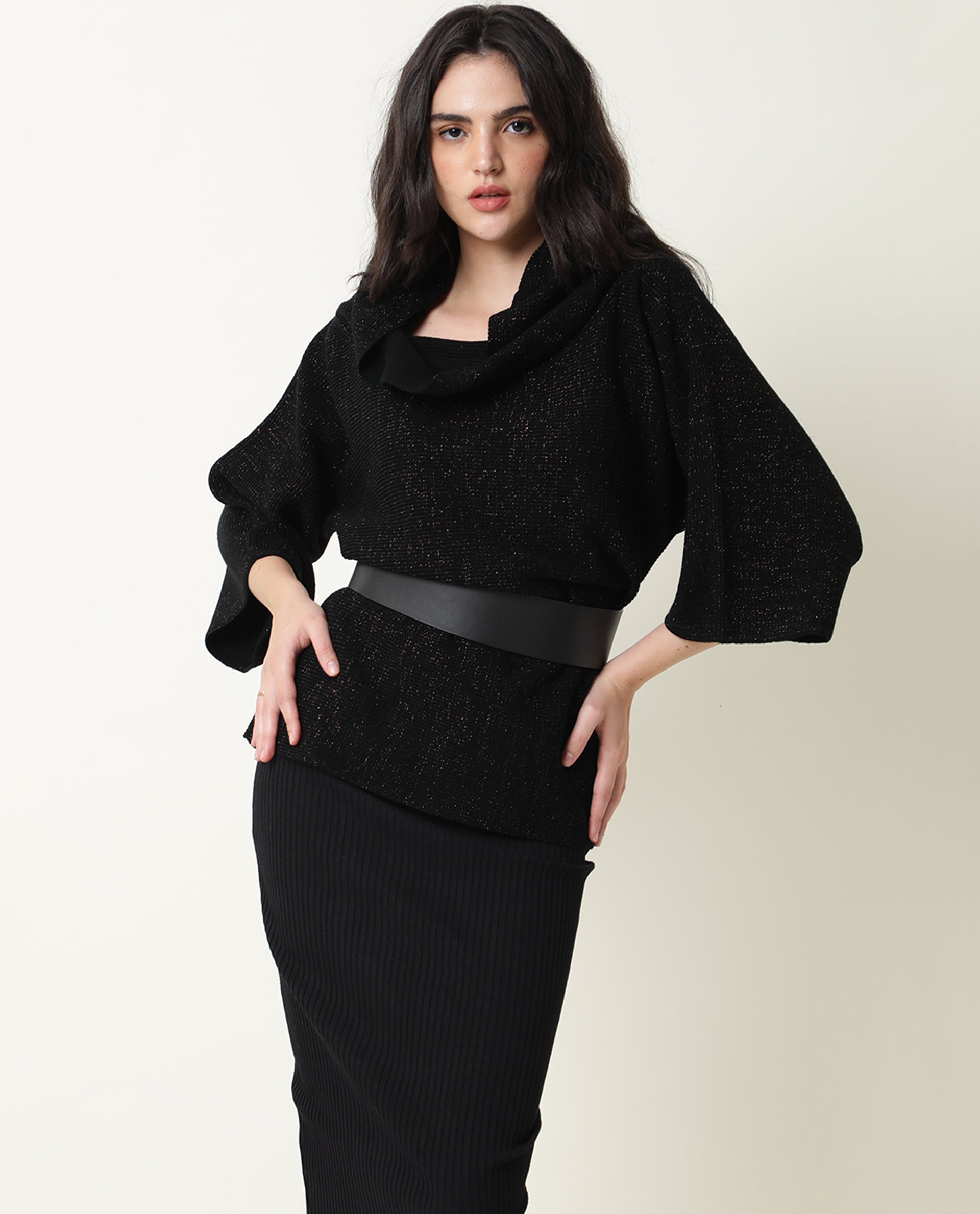 Rareism Women Innov Black Polyester Fabric 3/4Th Sleeves Knee Length Relaxed Fit Solid Cowl Neck Sweater