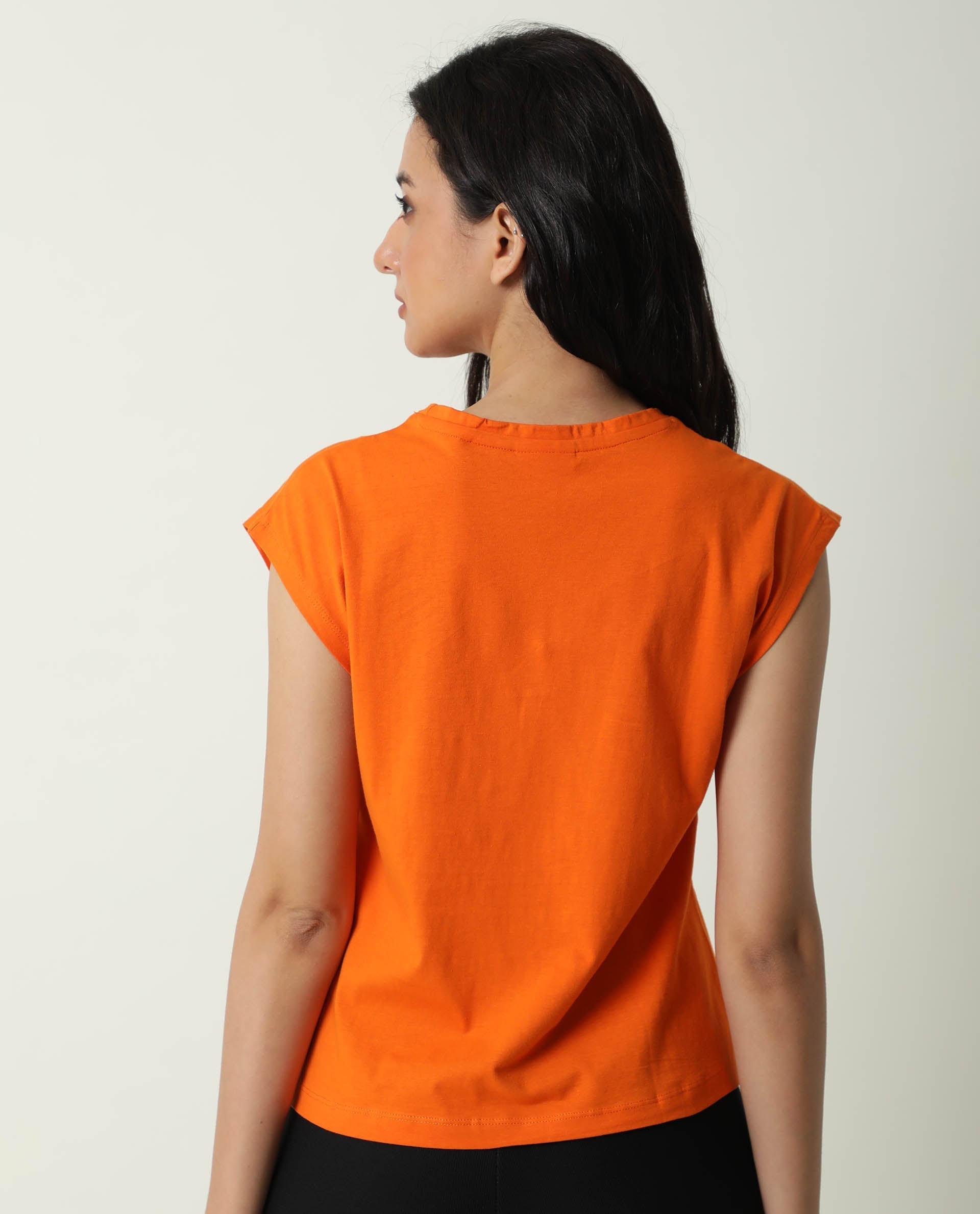 Rareism Women Race Orange Cotton Fabric Regular Fit Half Sleeves Graphic Print Round Neck T-Shirt