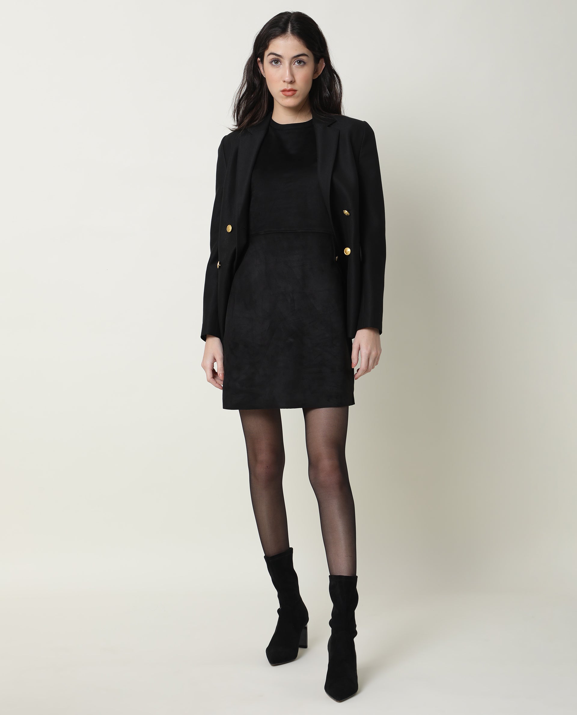 Rareism Women Sions Black Round Neck Short Sleeves Mini Dress