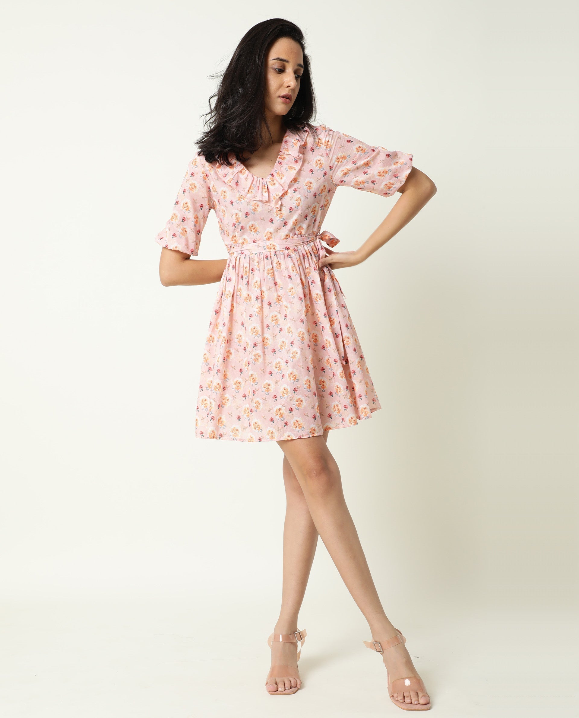 Rareism Women Verna Pink Floral Print V Neck With Ruffles Half Sleeves Fabric Waist Belt Mini Dress