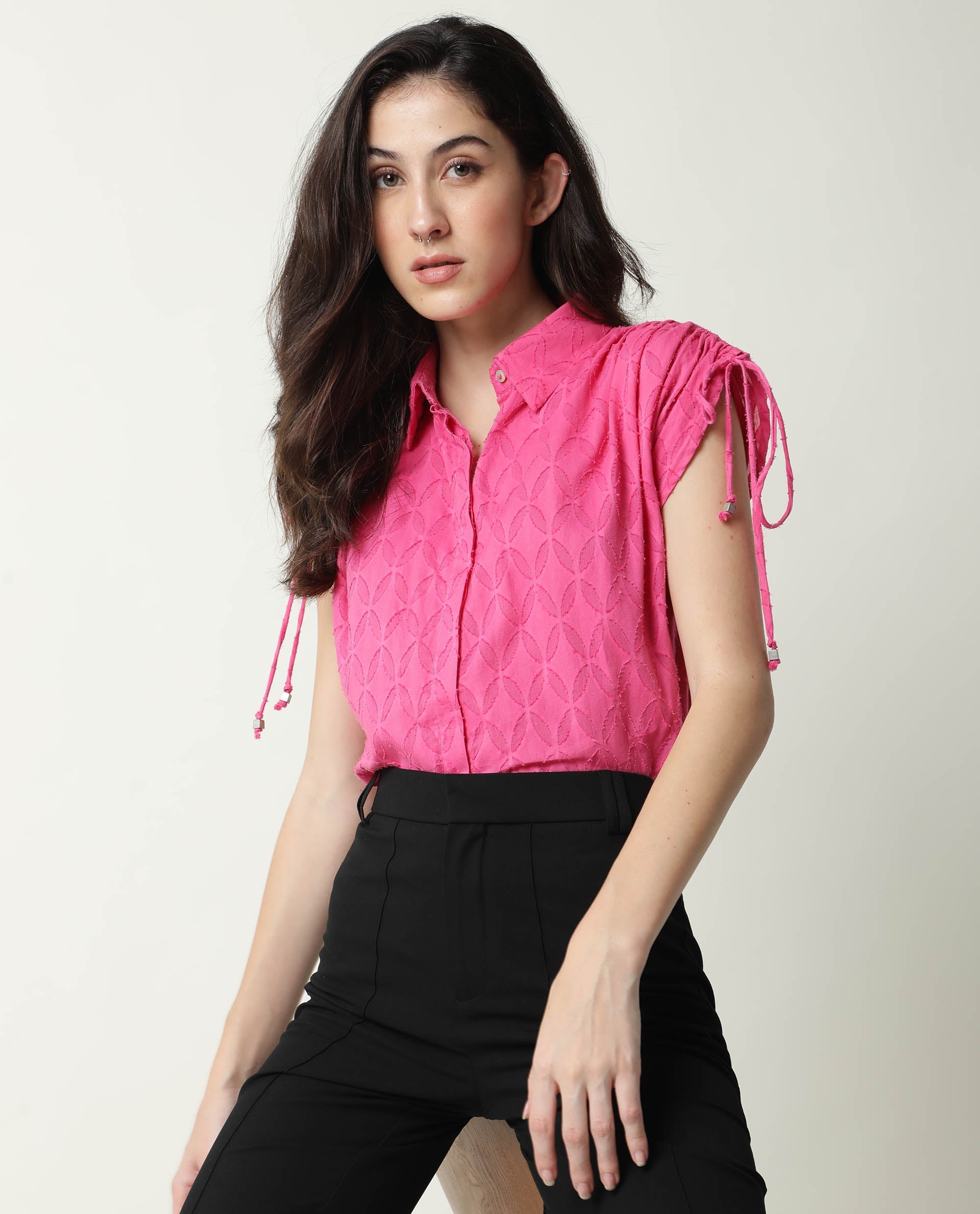 Rareism Womens Majesty Pink Top Cotton Fabric Comfortable Fit Half Sleeve Collared Neck