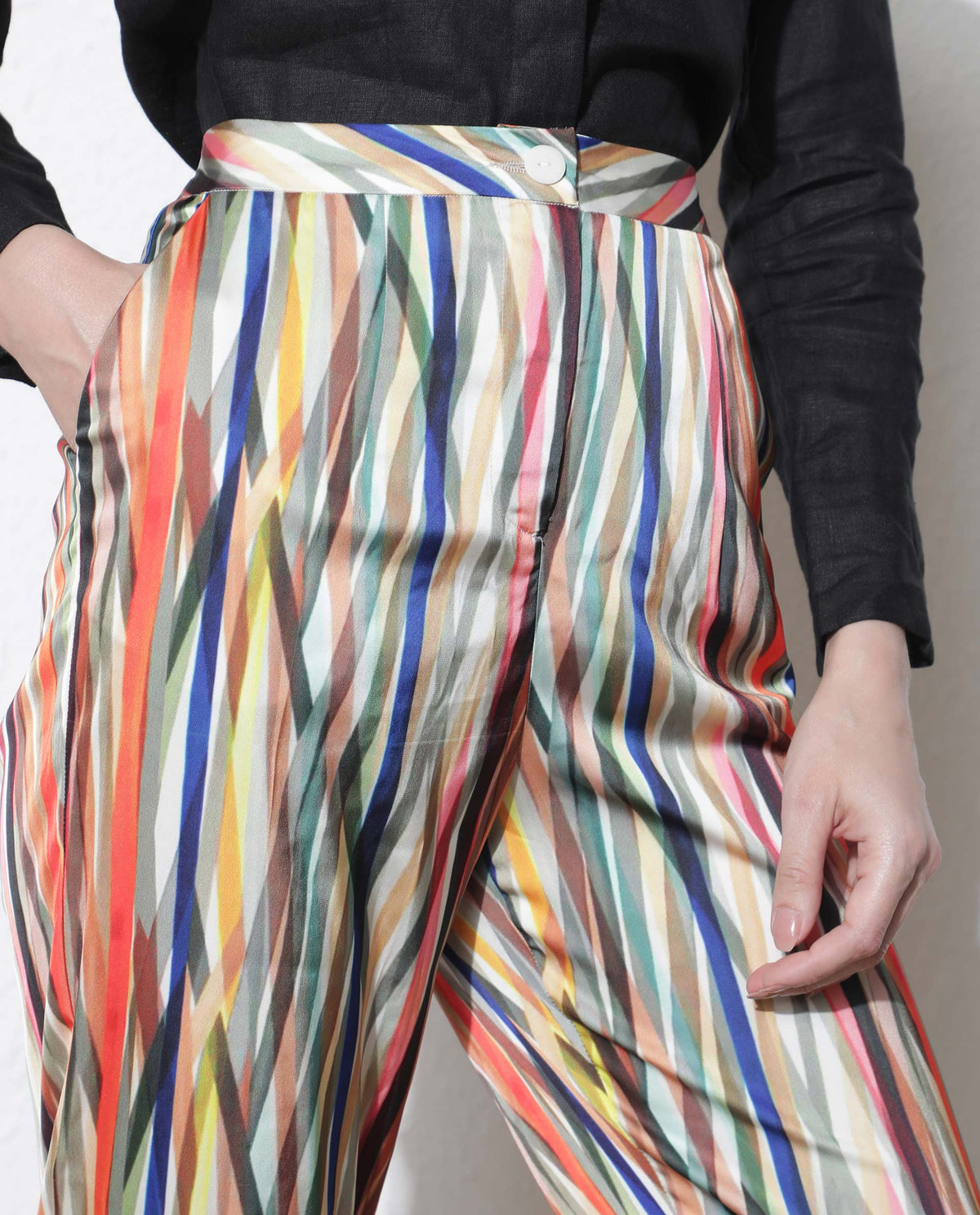 Rareism Women Ransom Multi Modal Fabric Tailored Fit Mid Rise Striped Ankle Length Trousers