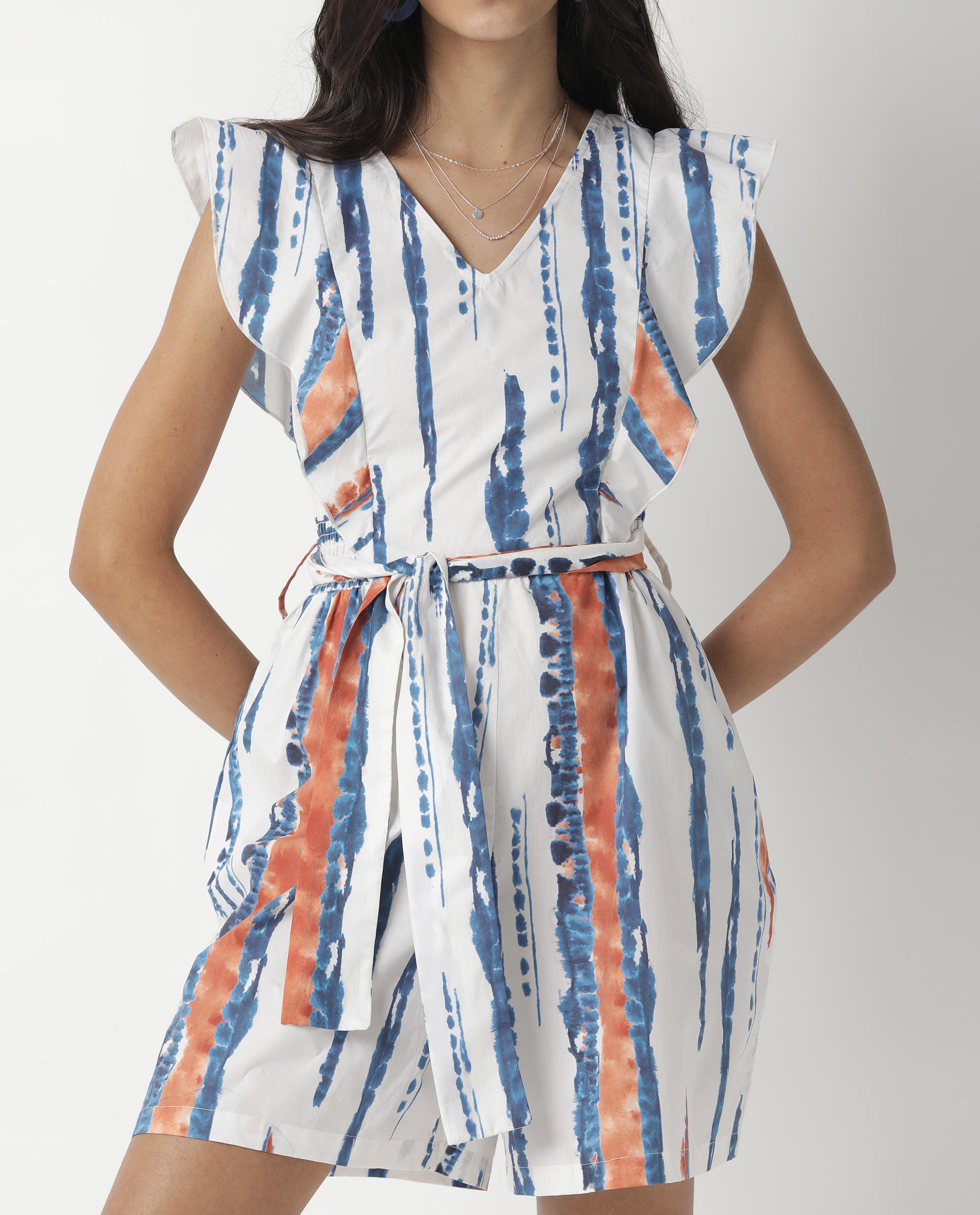 Rareism Women's Camera Offwhite Cotton V-Neck Abstract Print Sleeveless Regular Fit Playsuit