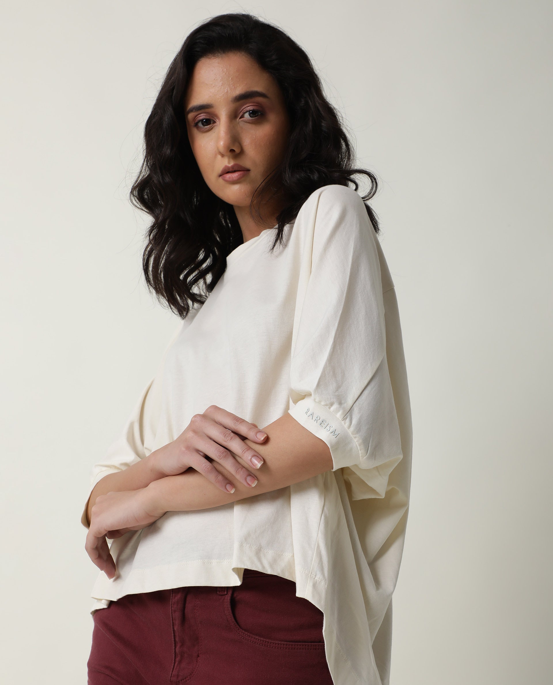 Rareism Women's Osmo Offwhite Cotton Crew Neck Plain Relaxed Fit Top