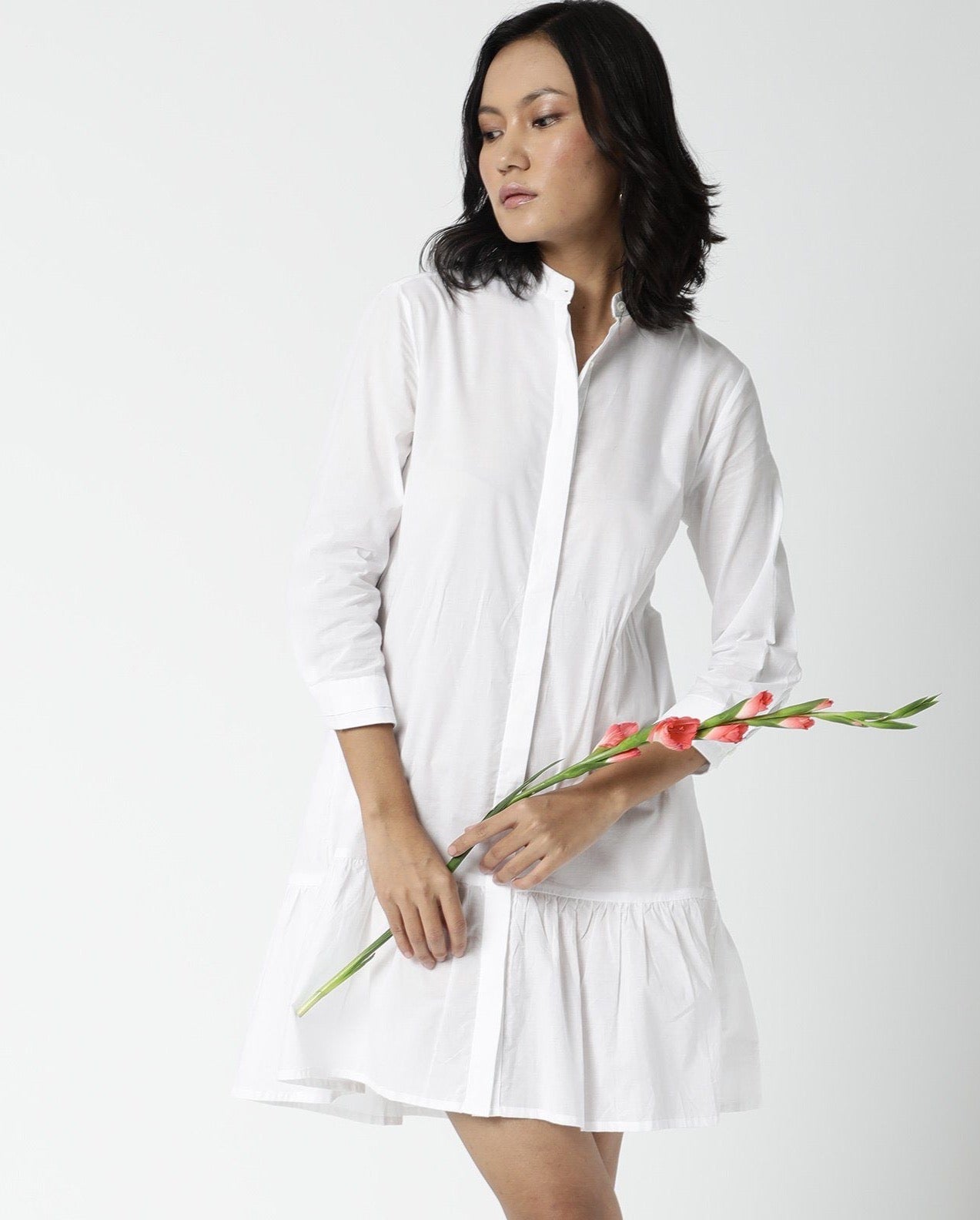Rareism Women Krepe White Dress Short Sleeves Solid