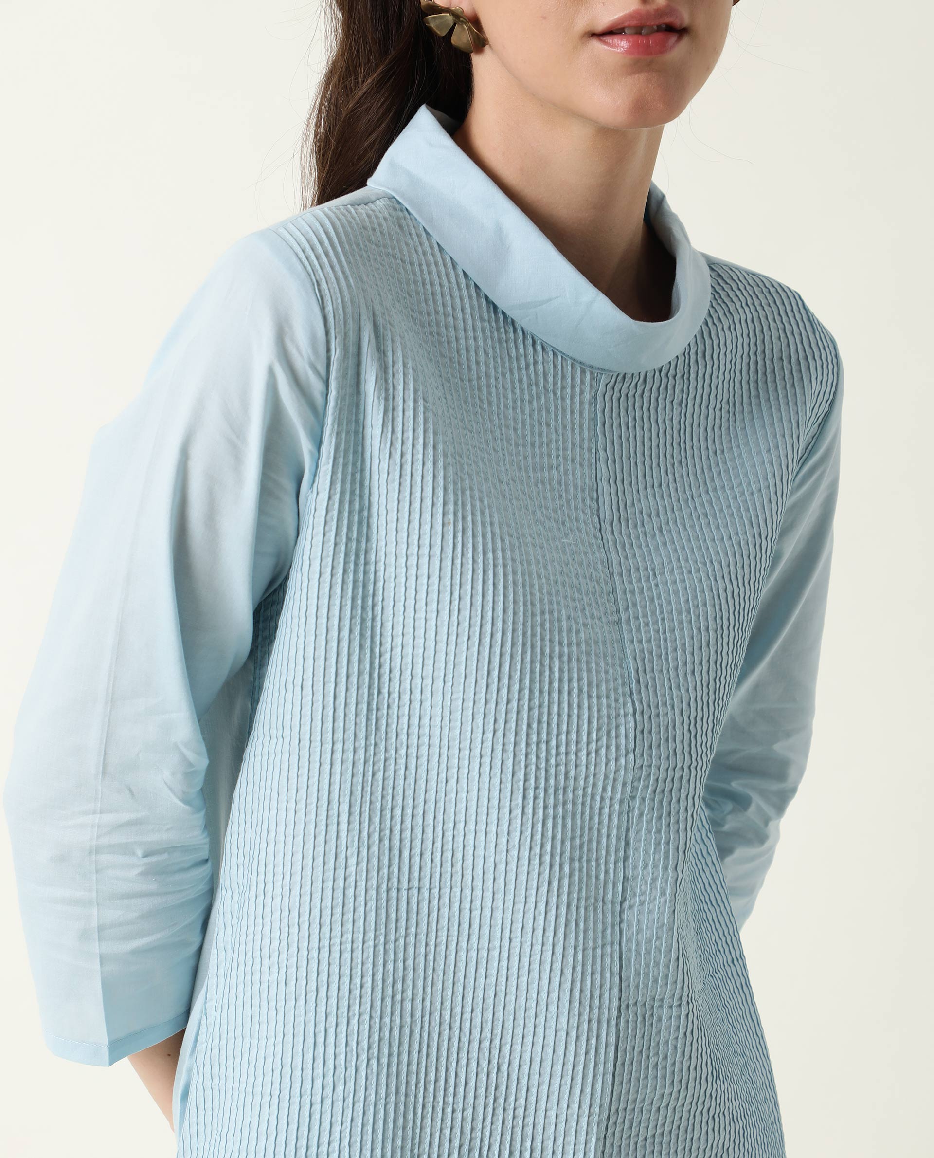 Rareism Women's Printol Blue Cotton Turtle Neck Plain Regular Fit Top