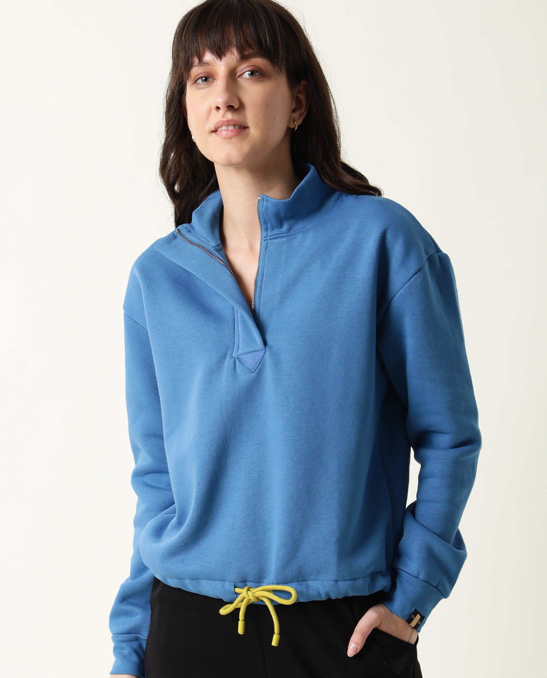 Rareism Women Taffy-1 Blue Relaxed Fit Full Sleeves Solid High Neck Sweatshirt