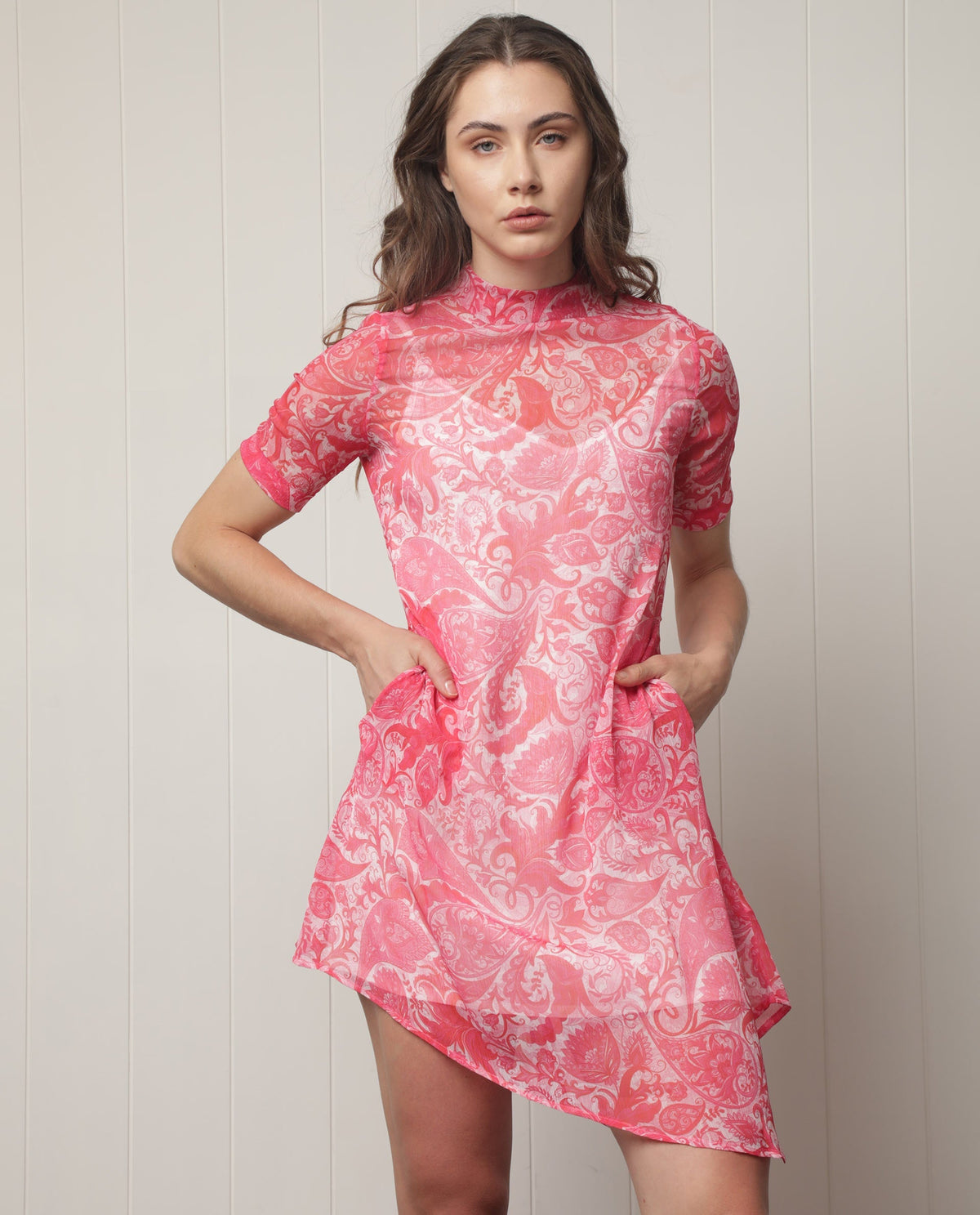 Rareism Women's Beryl Pink Polyester Fabric High Neck Zipper Closure Half Sleeve Paisley Print Knee Length Dress