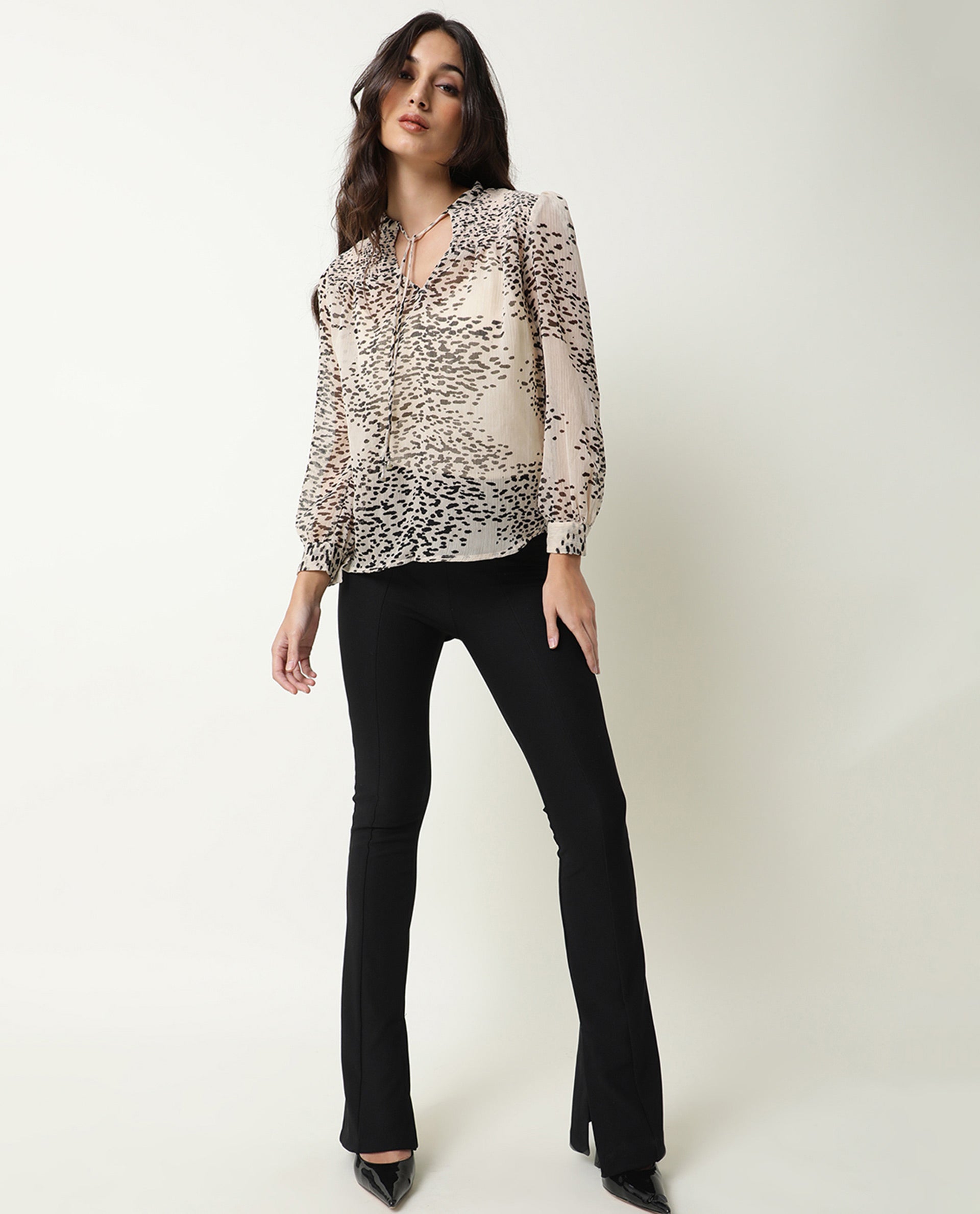 Rareism Women Claude Light Beige Polyester Fabric Regular Fit Tie-Up Neck Full Sleeves Abstract Print Top