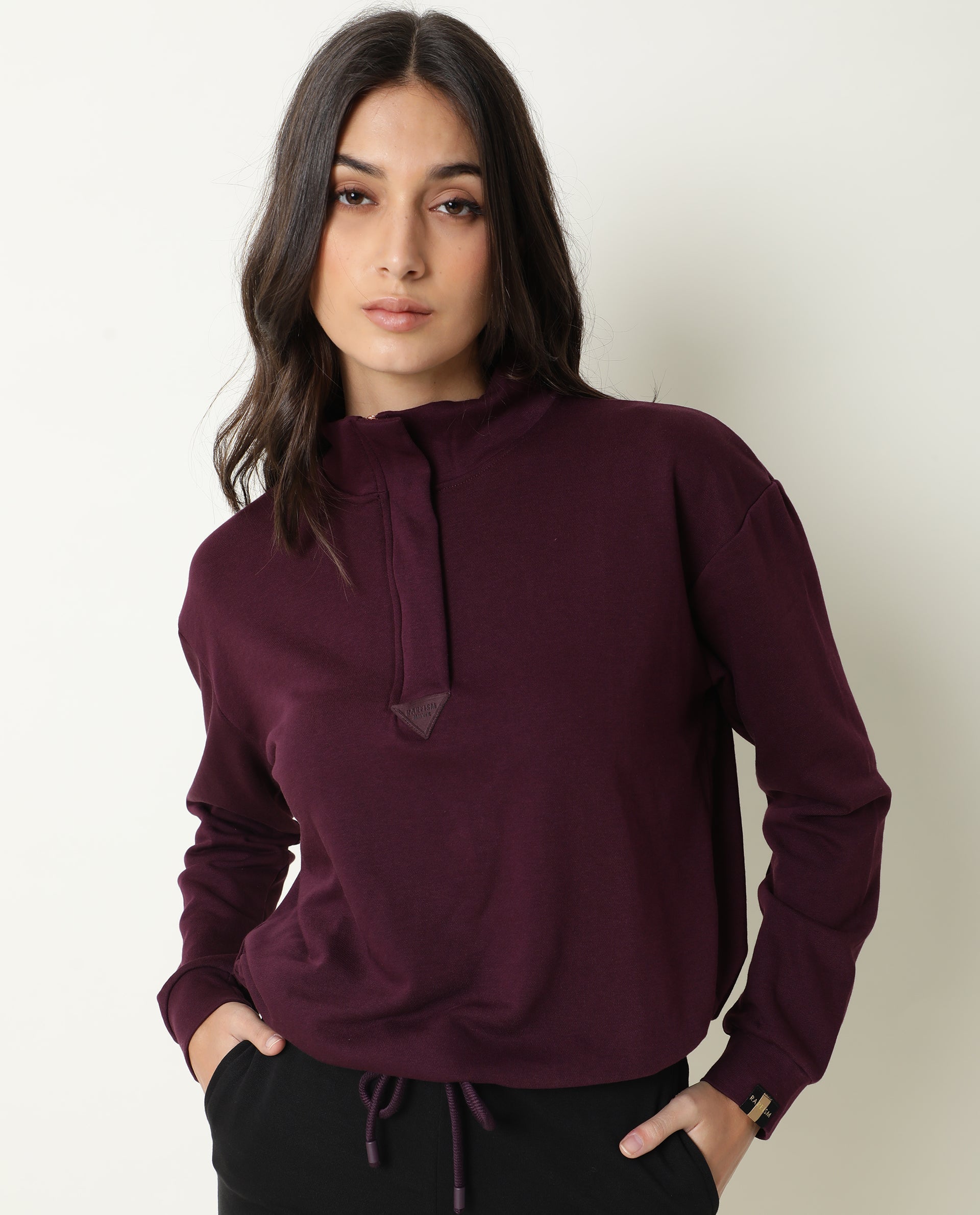 Rareism Women Taffy-1 Dark Purple Relaxed Fit Full Sleeves Solid High Neck Sweatshirt