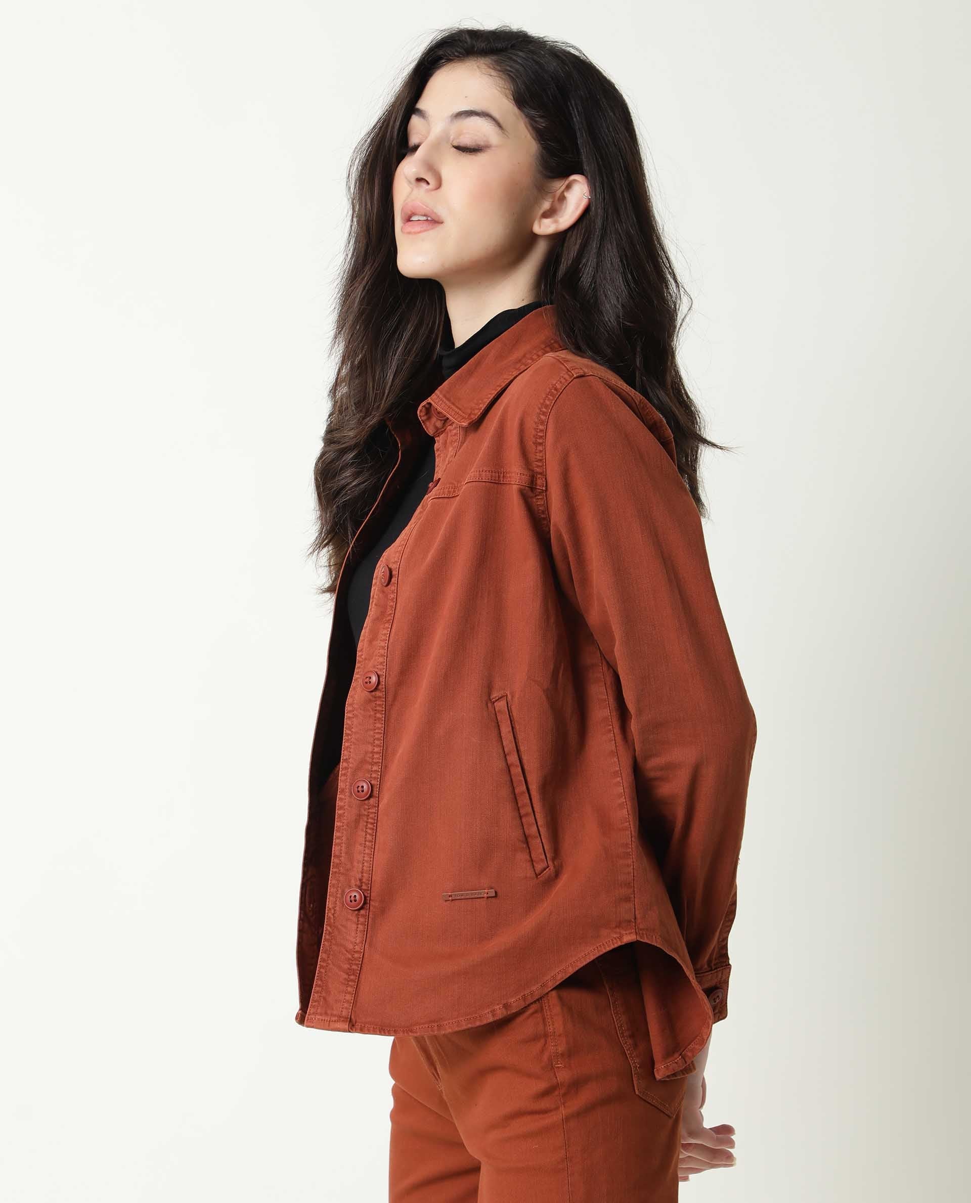 Rareism Women Mission Rust Cotton Lycra Fabric Full Sleeves Solid Shirt Collar Jacket