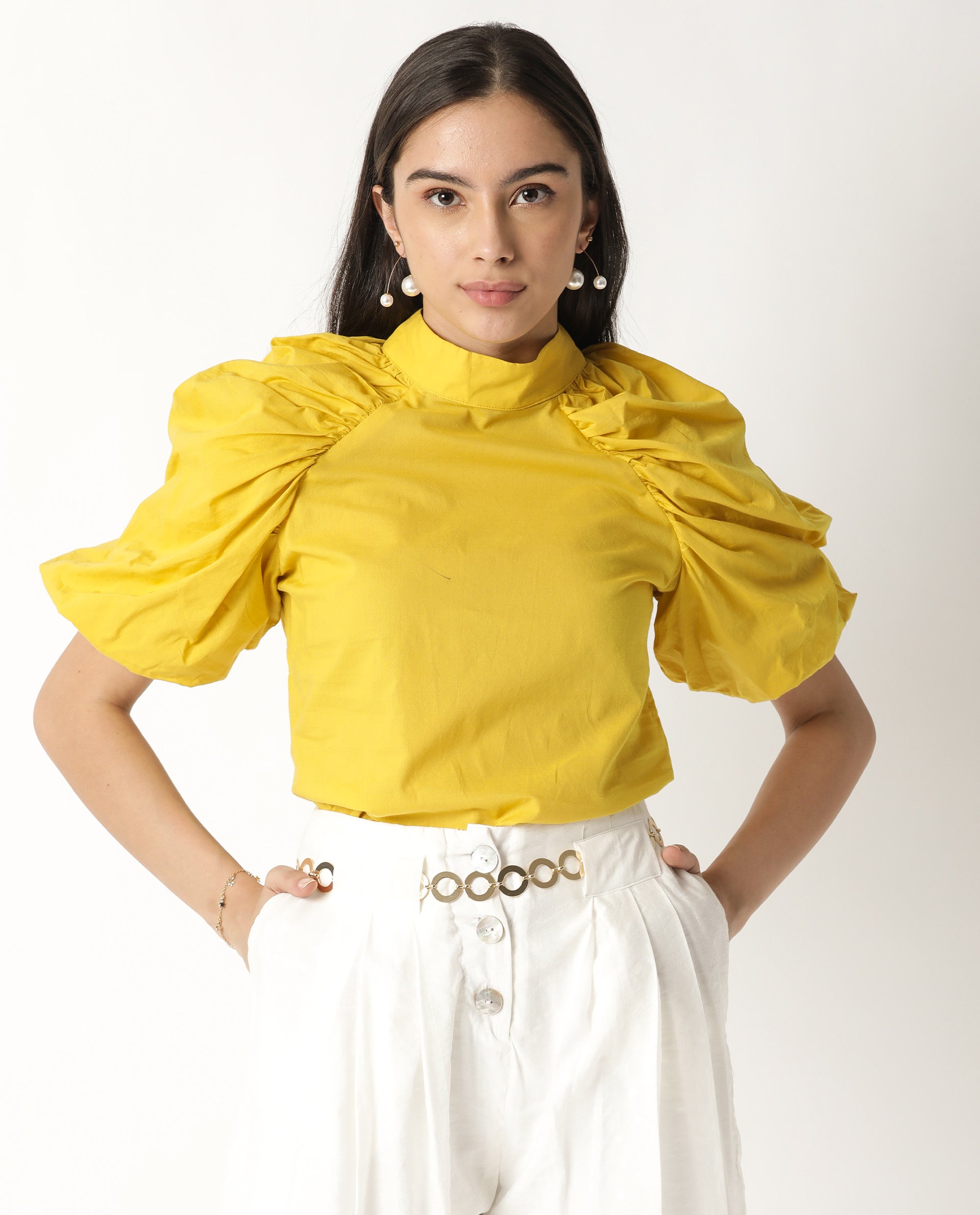 Rareism Womens Bobby Yellow Top Cotton Fabric Half Sleeve High Neck