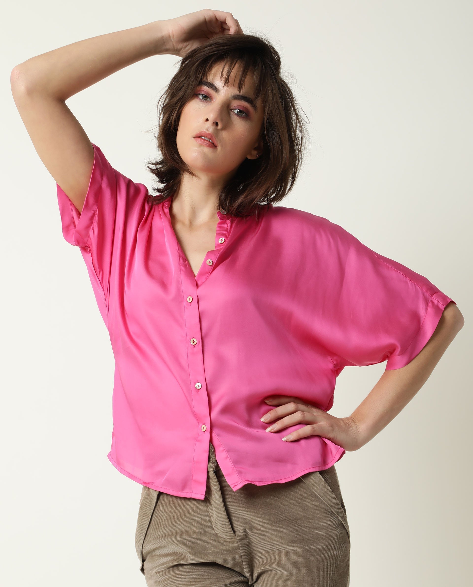 Rareism Womens Paige Pink Top Modal Satin Fabric Regular Fit Kimono Sleeve Mandarin Neck