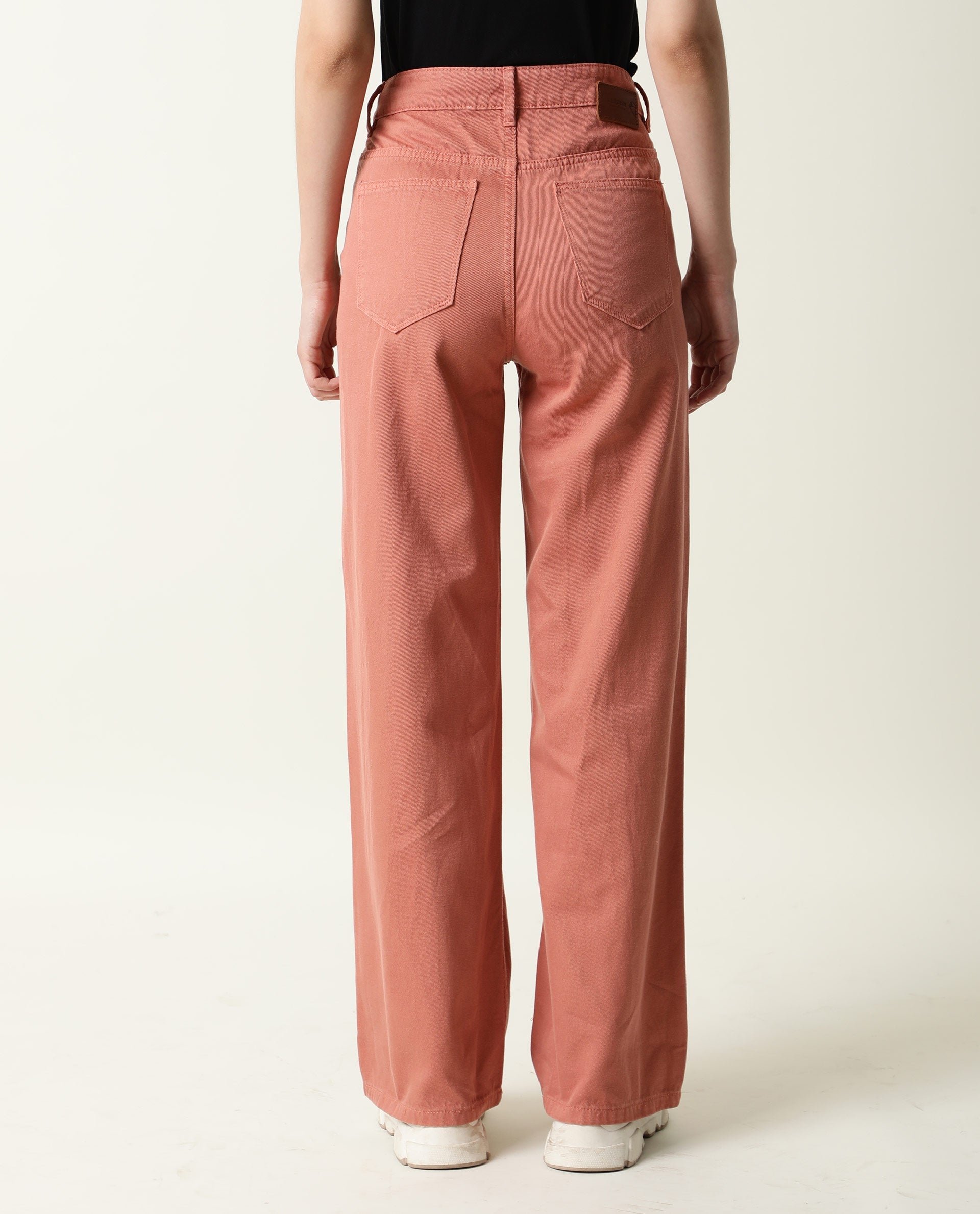 Rareism Women Ginno Light Peach Cotton Fabric Regular Fit Mid Rise Solid Ankle Length Trousers