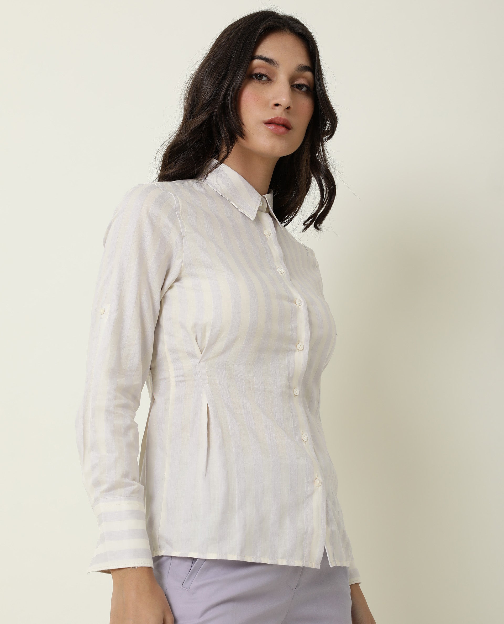 Rareism Women's Pickle Yellow Cotton Spread Collar Striped Regular Fit Top