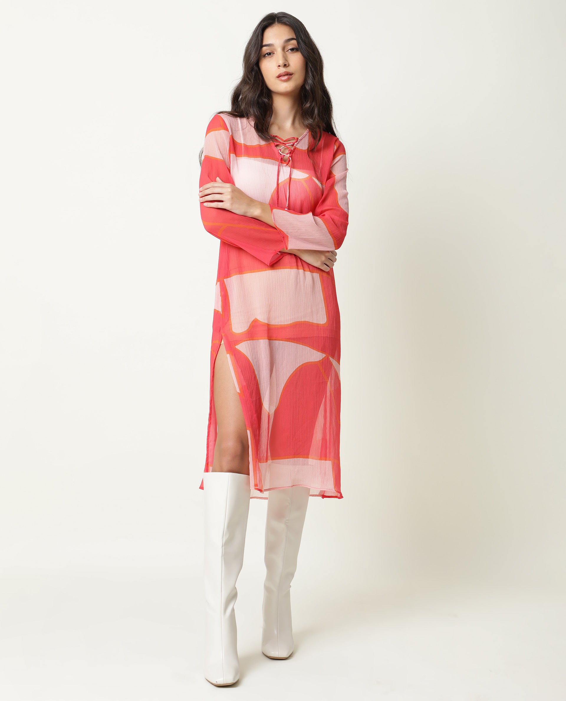 Rareism Women's Benett Pink V-Neck Abstract Print Knee Length Regular Fit Dress