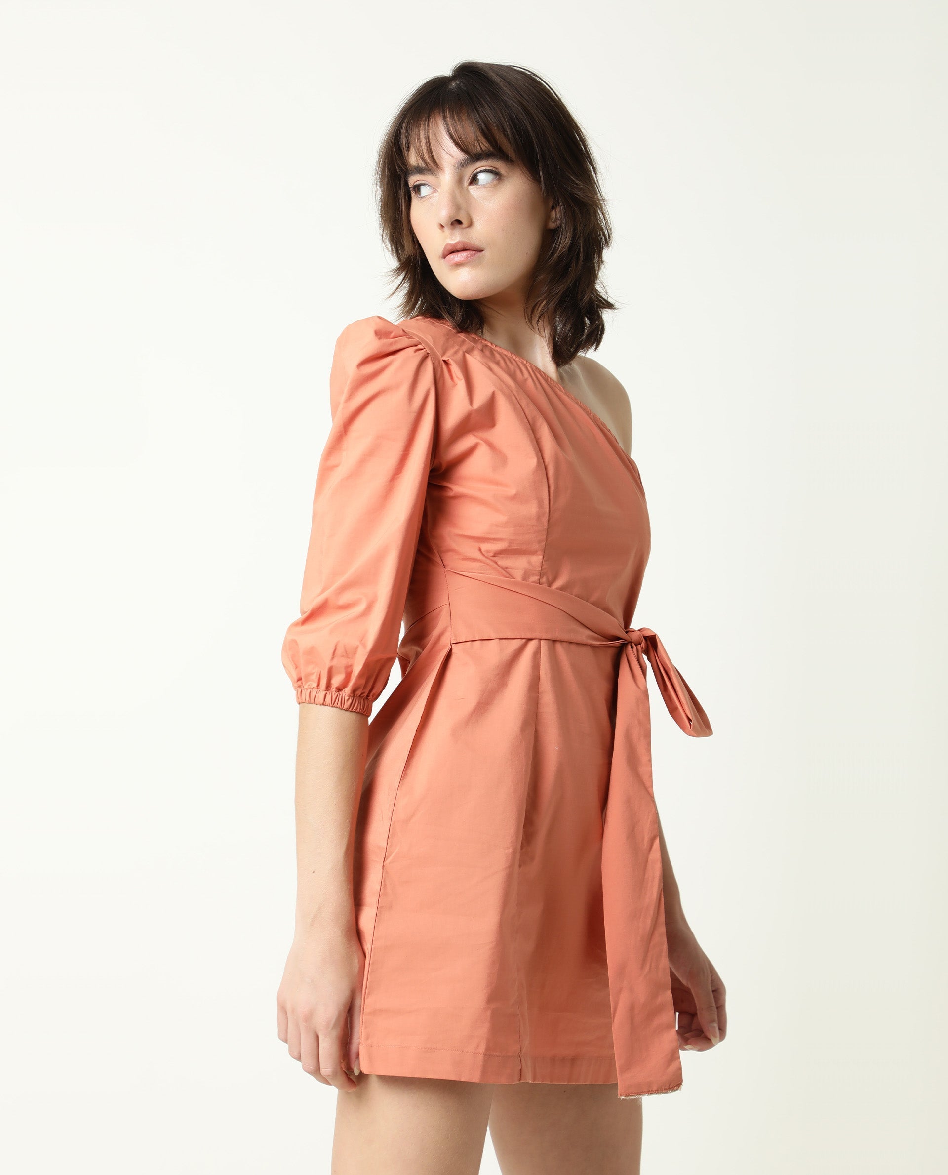 Rareism Women's Floris Peach Polyester Blend One Shoulder Plain Puff Sleeves Knee Length Slim Fit Dress