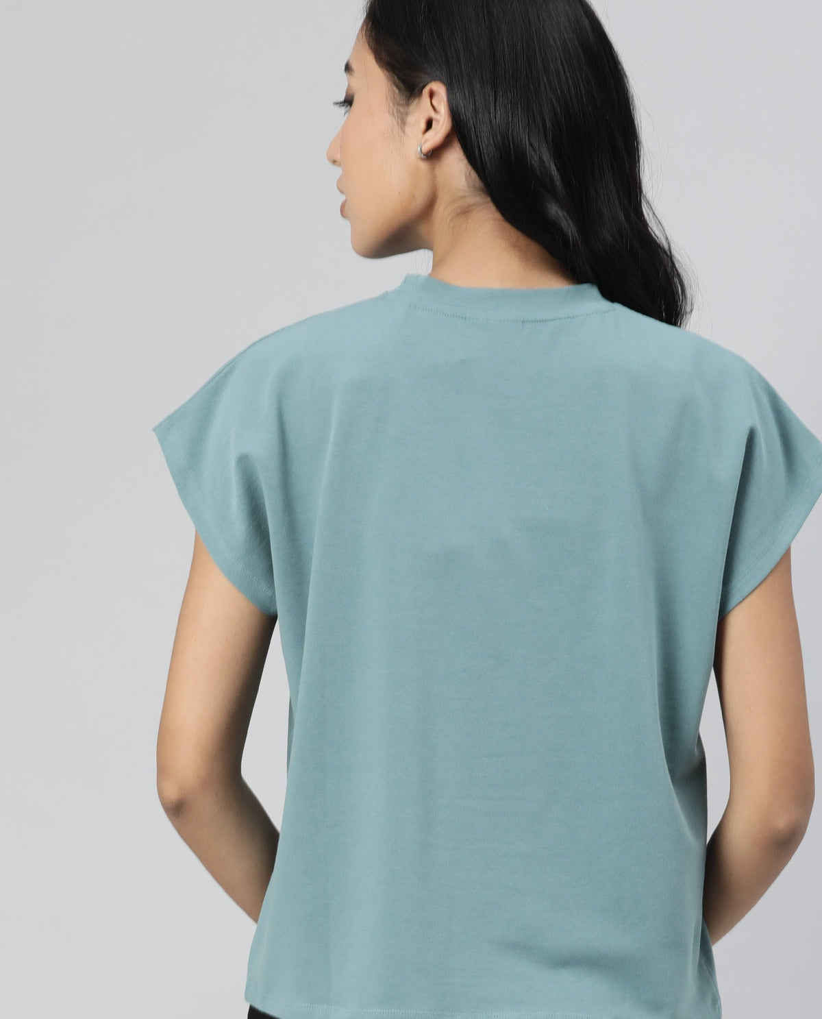 Rareism Womens Hola Green T-Shirt High Neck Polycotton Spandex Fabric