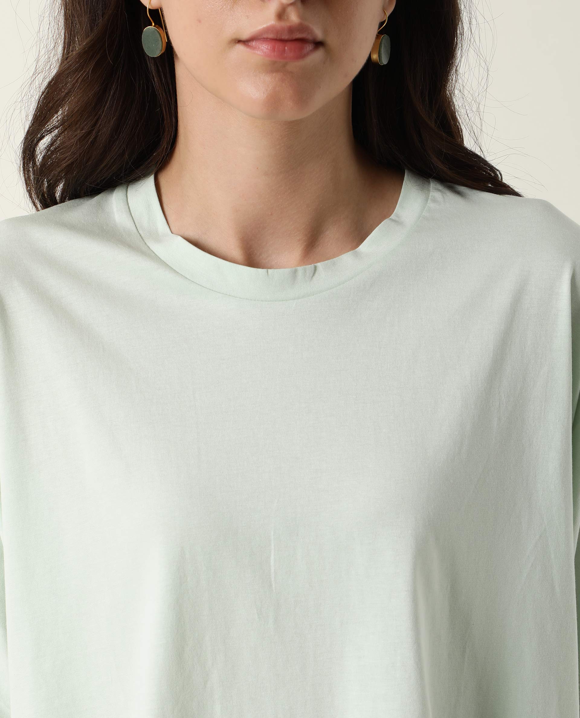 Rareism Women's Osmo Green Crew Neck Plain Knee Length Tailored Top