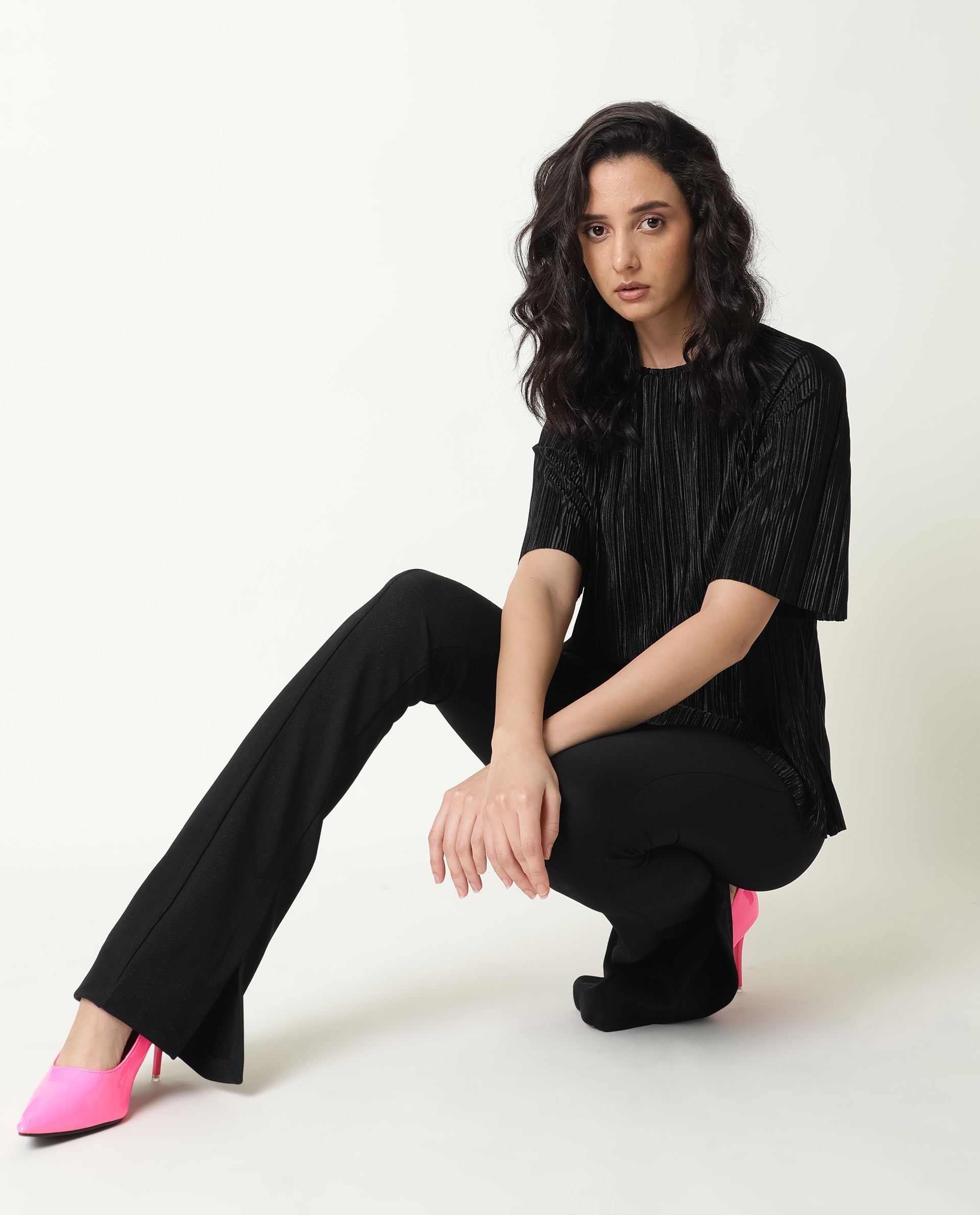 Rareism Women Shory Black Top Polyester Fabric Full Sleeves Solid