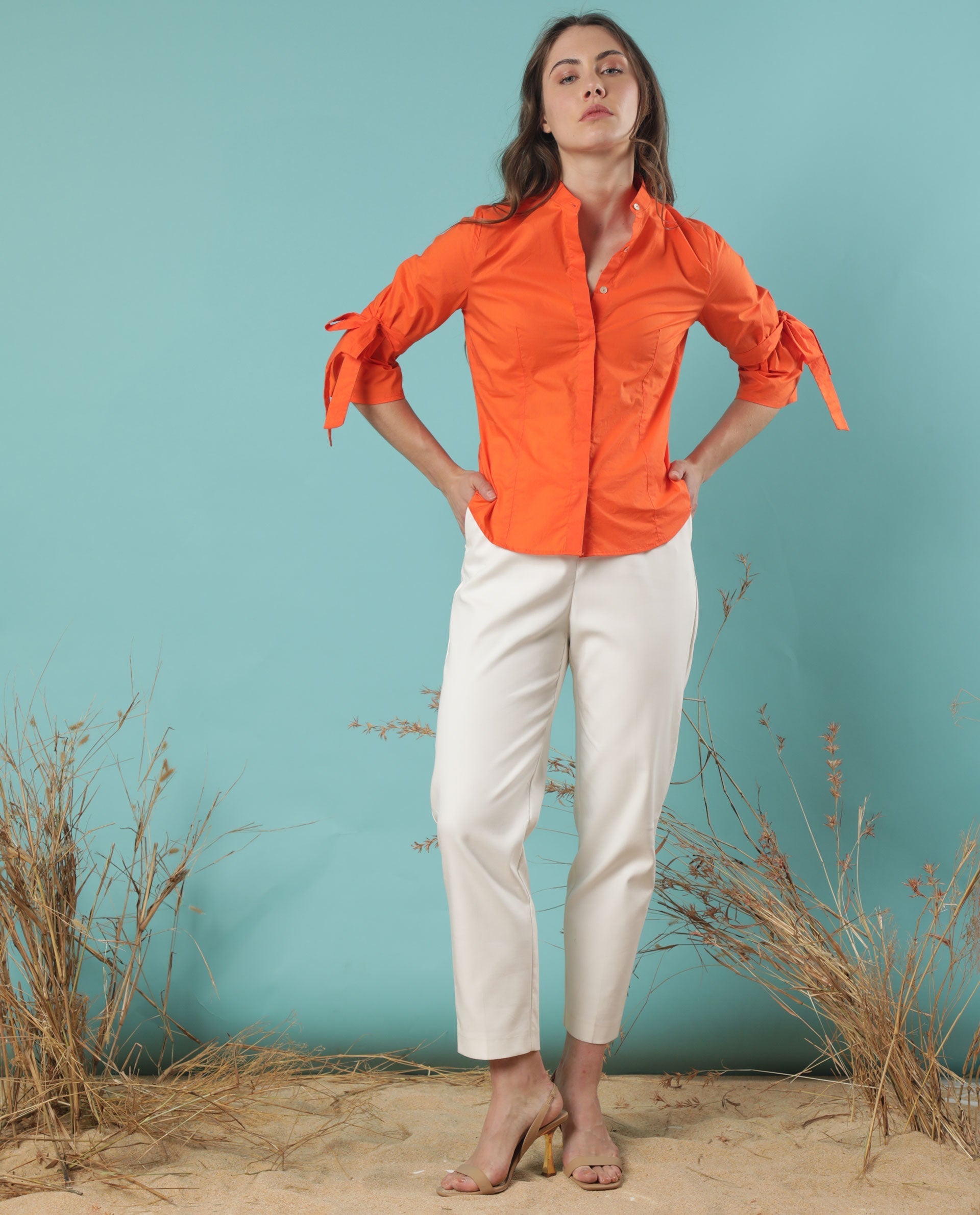 Rareism Women's Tips Orange Cotton Mandarin Collar Plain Regular Fit Top