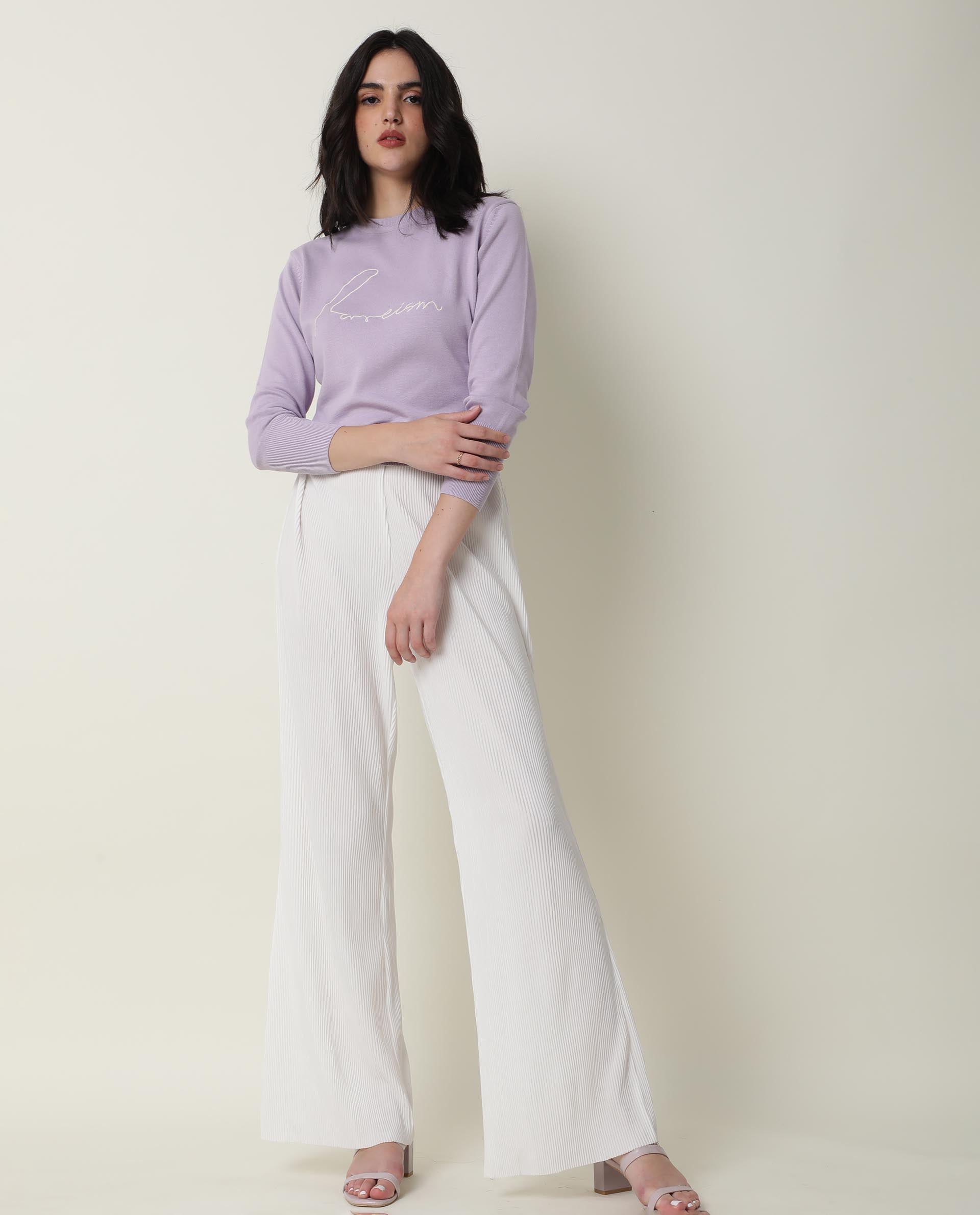 Rareism Women Plusho Light Purple Cotton Fabric Full Sleeves Regular Fit Embroidered Round Neck Sweater