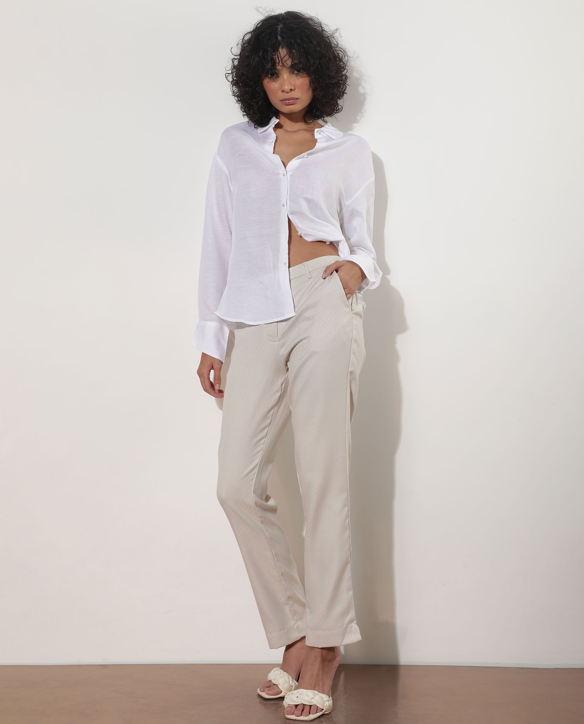 Rareism Women's Maeve Beige Polyester Blend Plain Ankle Length Tailored Trouser