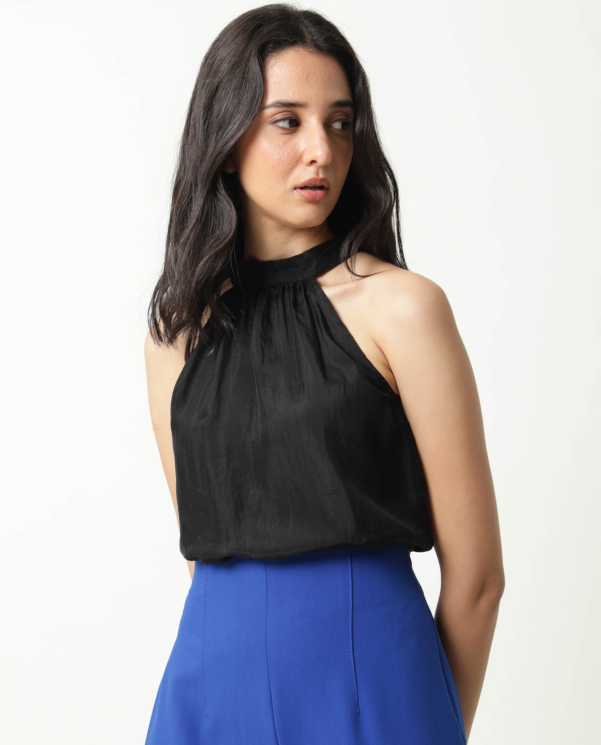 Rareism Women Sahano Black Poly Viscose Fabric Slim Fit Halter Neck Sleeveless Solid Top
