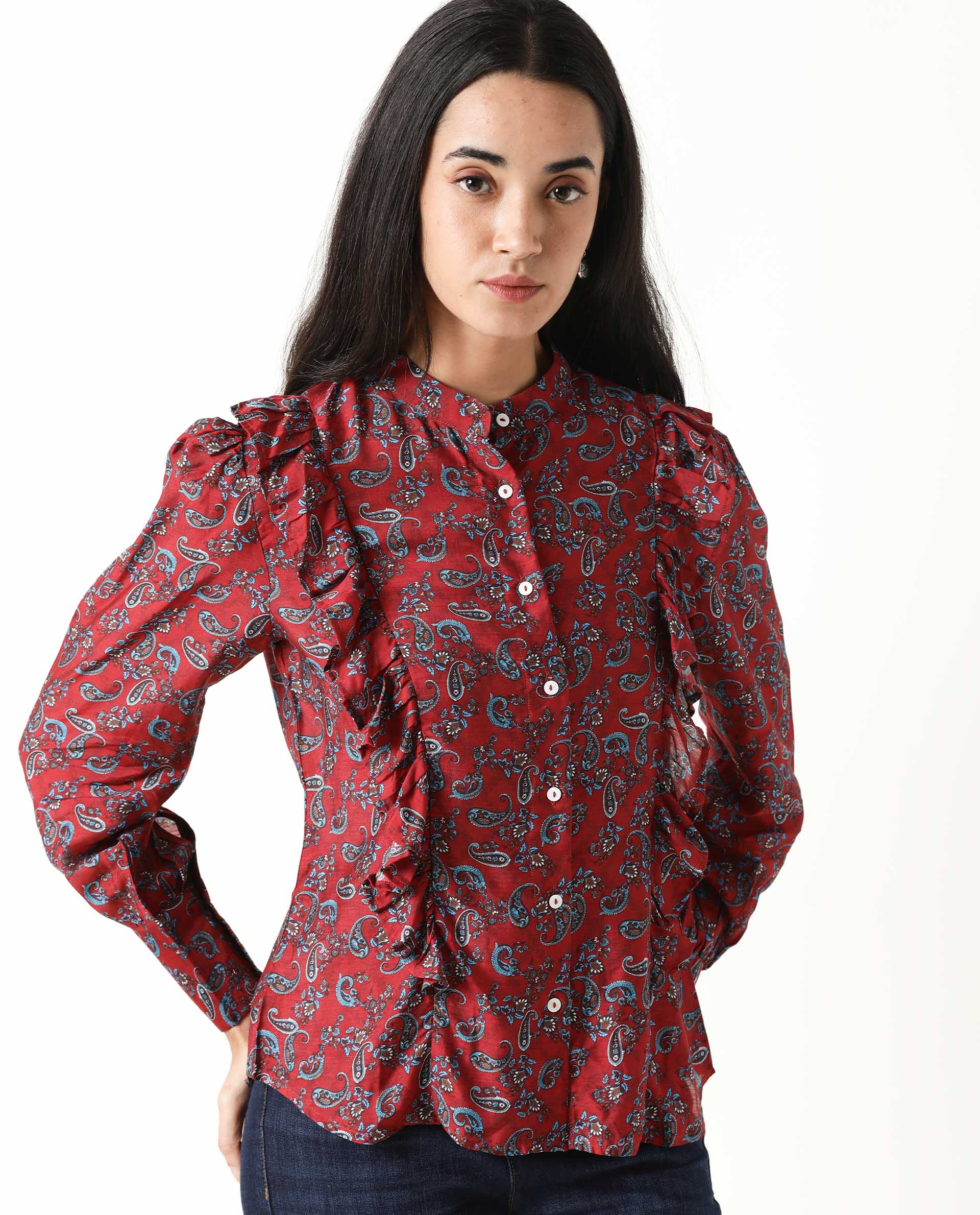 Rareism Women's Pumpkin Maroon Mandarin Collar Embroidered Regular Fit Top