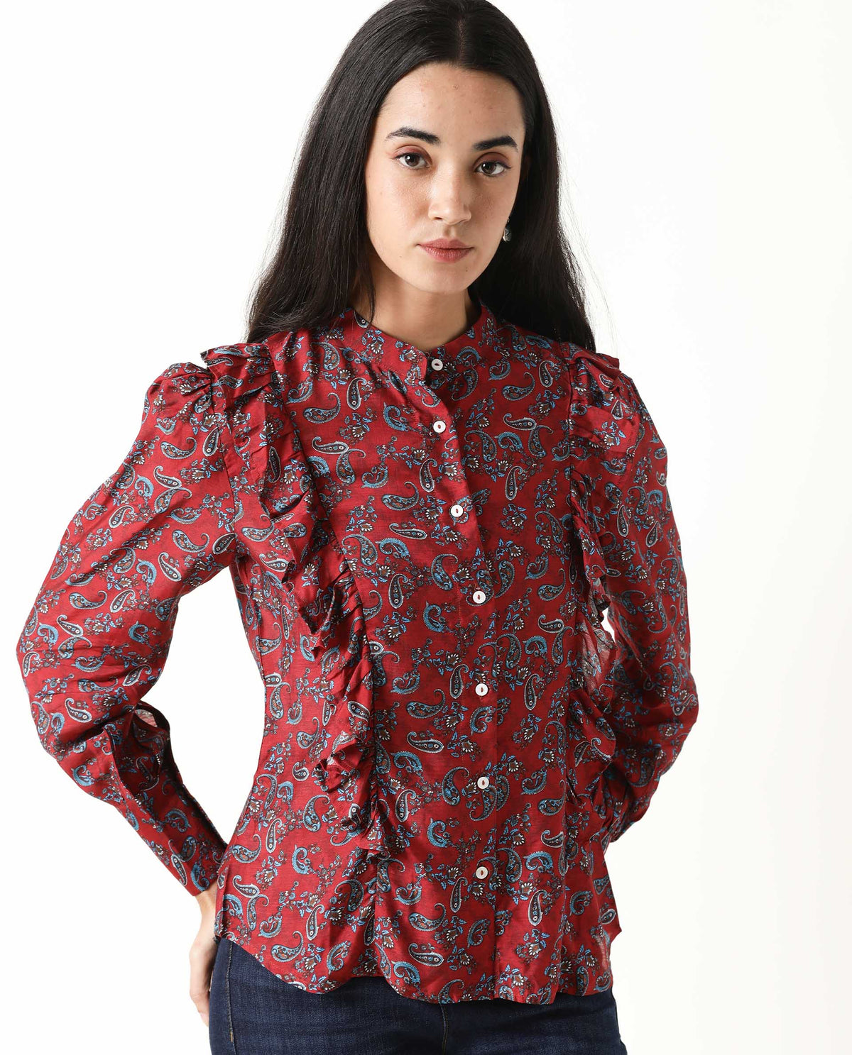 Rareism Womens Pumpkin Maroon Top Modal Fabric Regular Fit Regular Sleeves Mandarin Neck