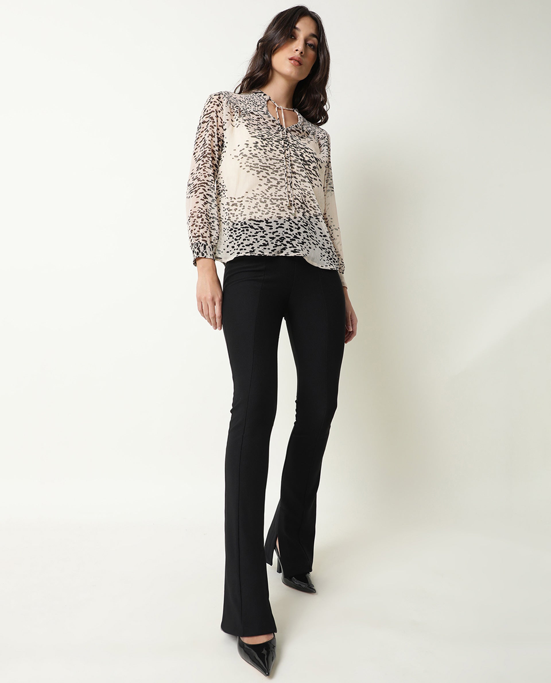 Rareism Women Claude Light Beige Polyester Fabric Regular Fit Tie-Up Neck Full Sleeves Abstract Print Top