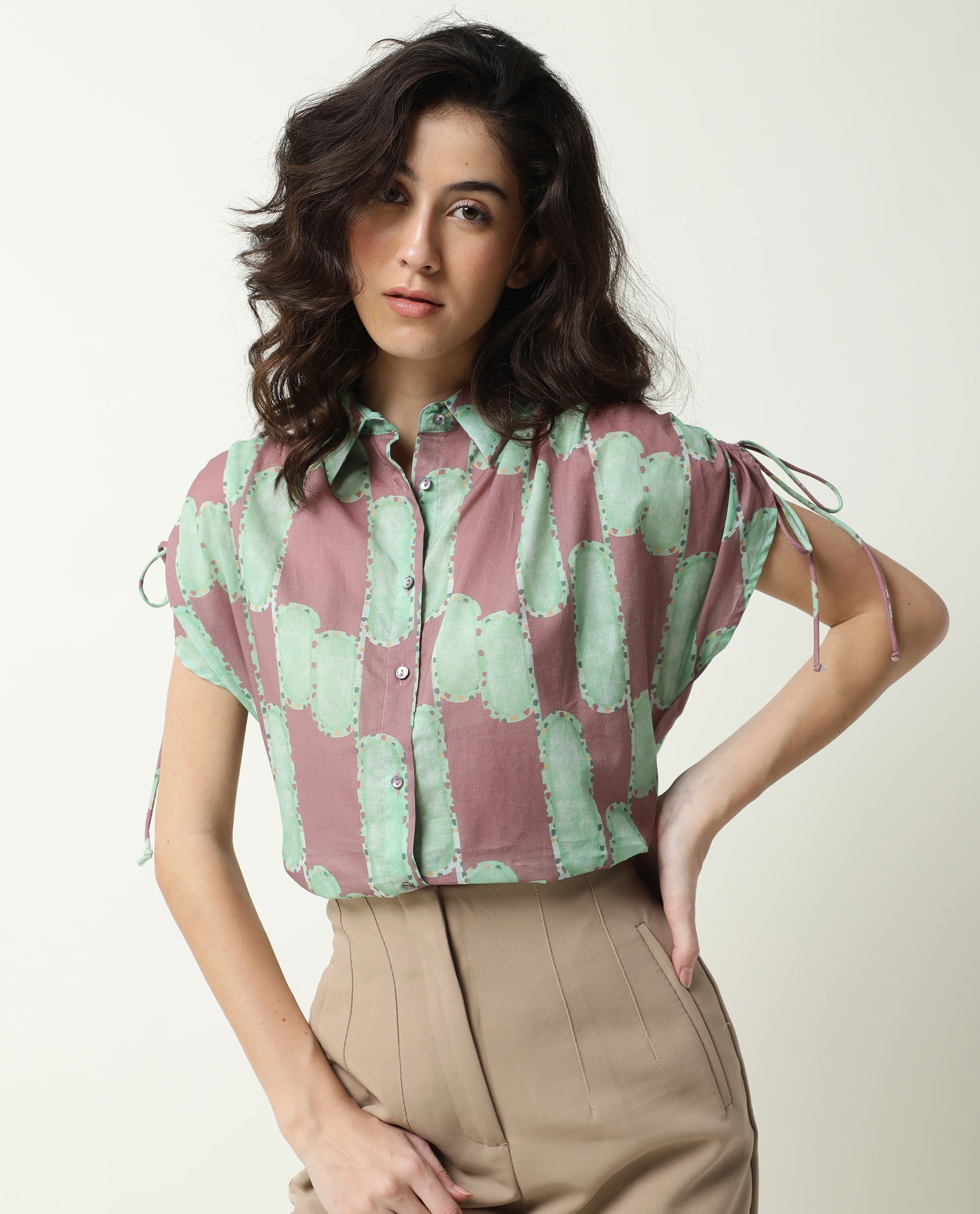Rareism Women's Hudson Pink Spread Collar Geometric Print Knee Length Relaxed Fit Top