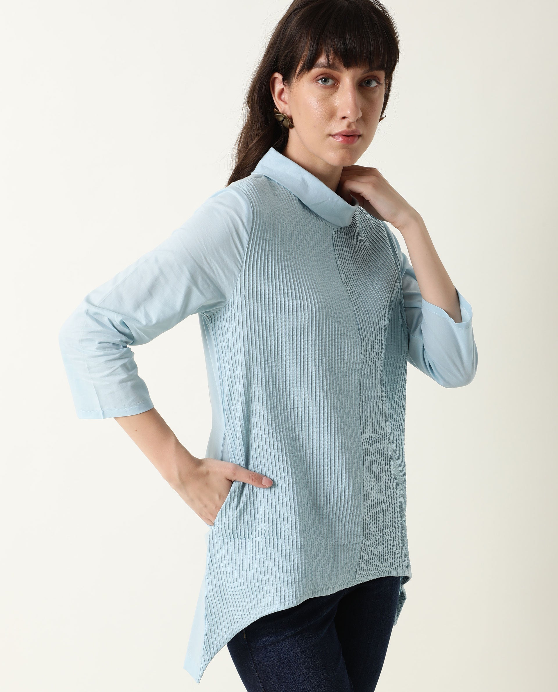 Rareism Women's Printol Blue Cotton Turtle Neck Plain Regular Fit Top