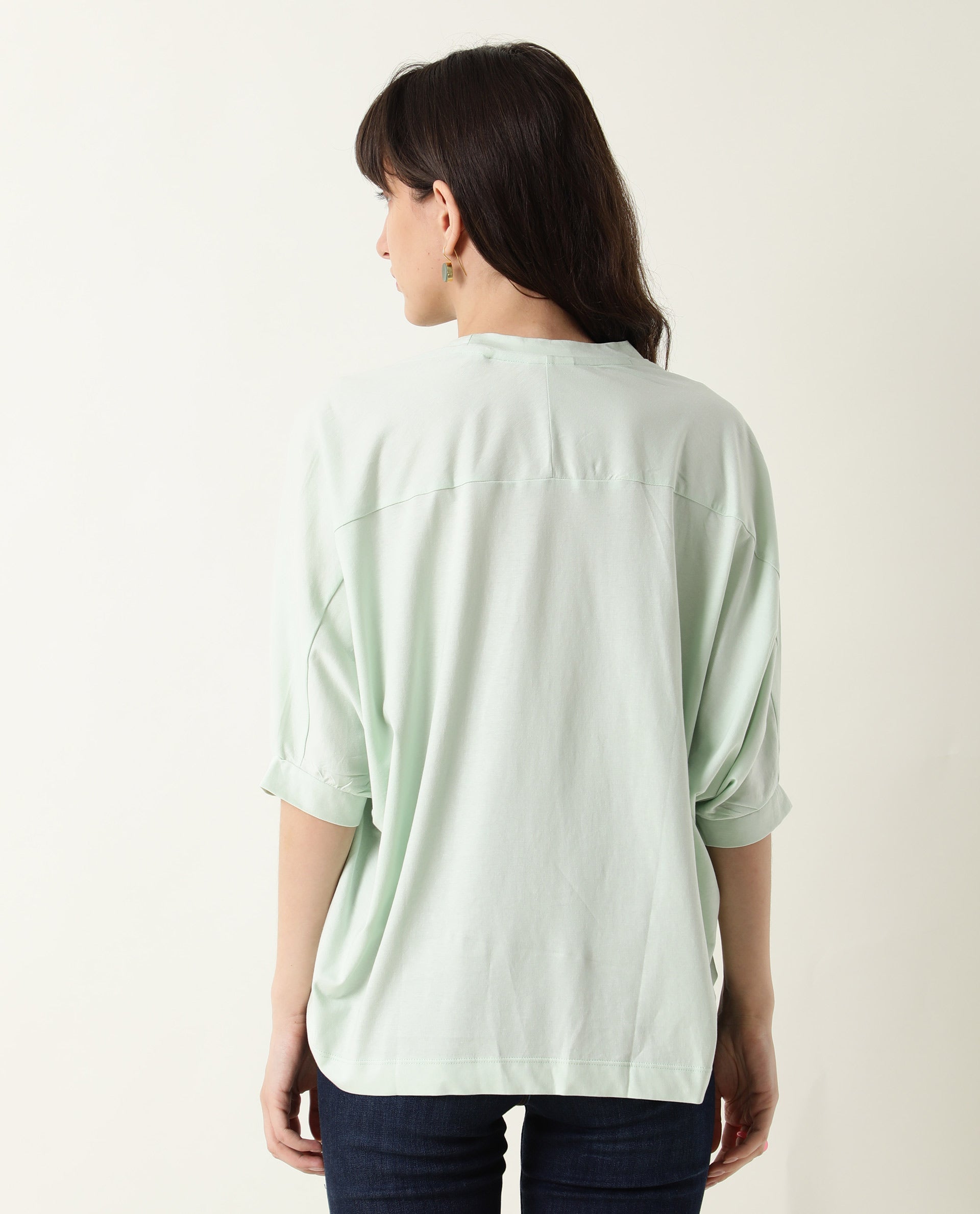 Rareism Women's Osmo Green Crew Neck Plain Knee Length Tailored Top