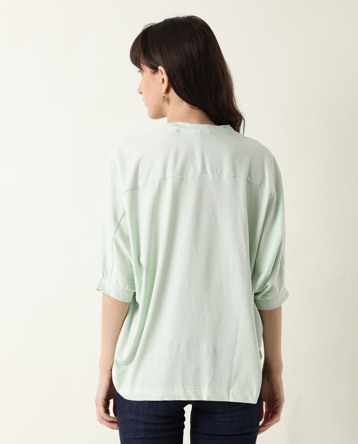 Rareism Womens Osmo Green Top Cotton Fabric Regular Fit Volume Sleeve Round Neck