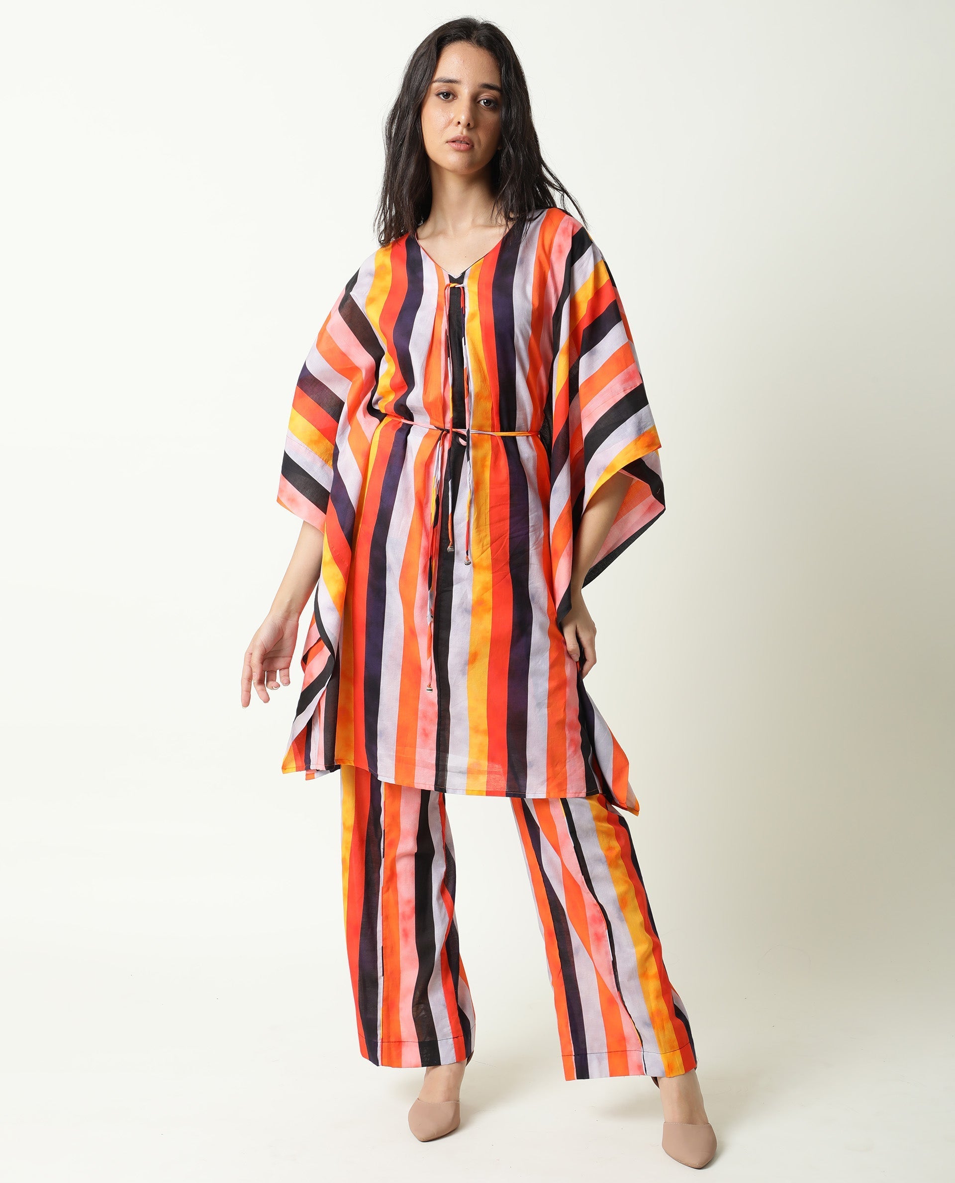 Rareism Women's Fact Multi V-Neck Striped Flared Sleeve Knee Length Relaxed Fit Dress